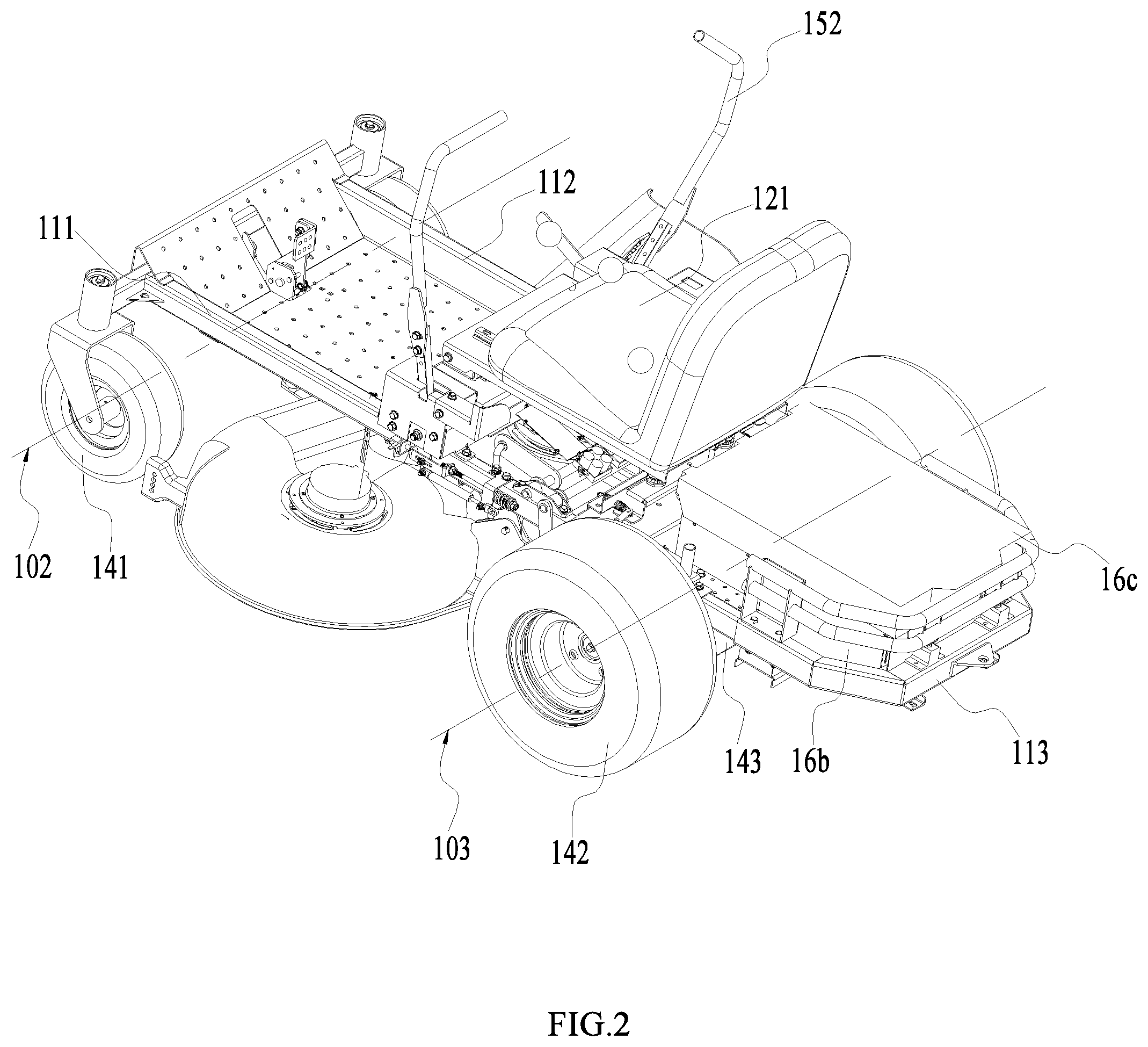 Patent US12317778 Figure 2 – Electric riding lawn mower
