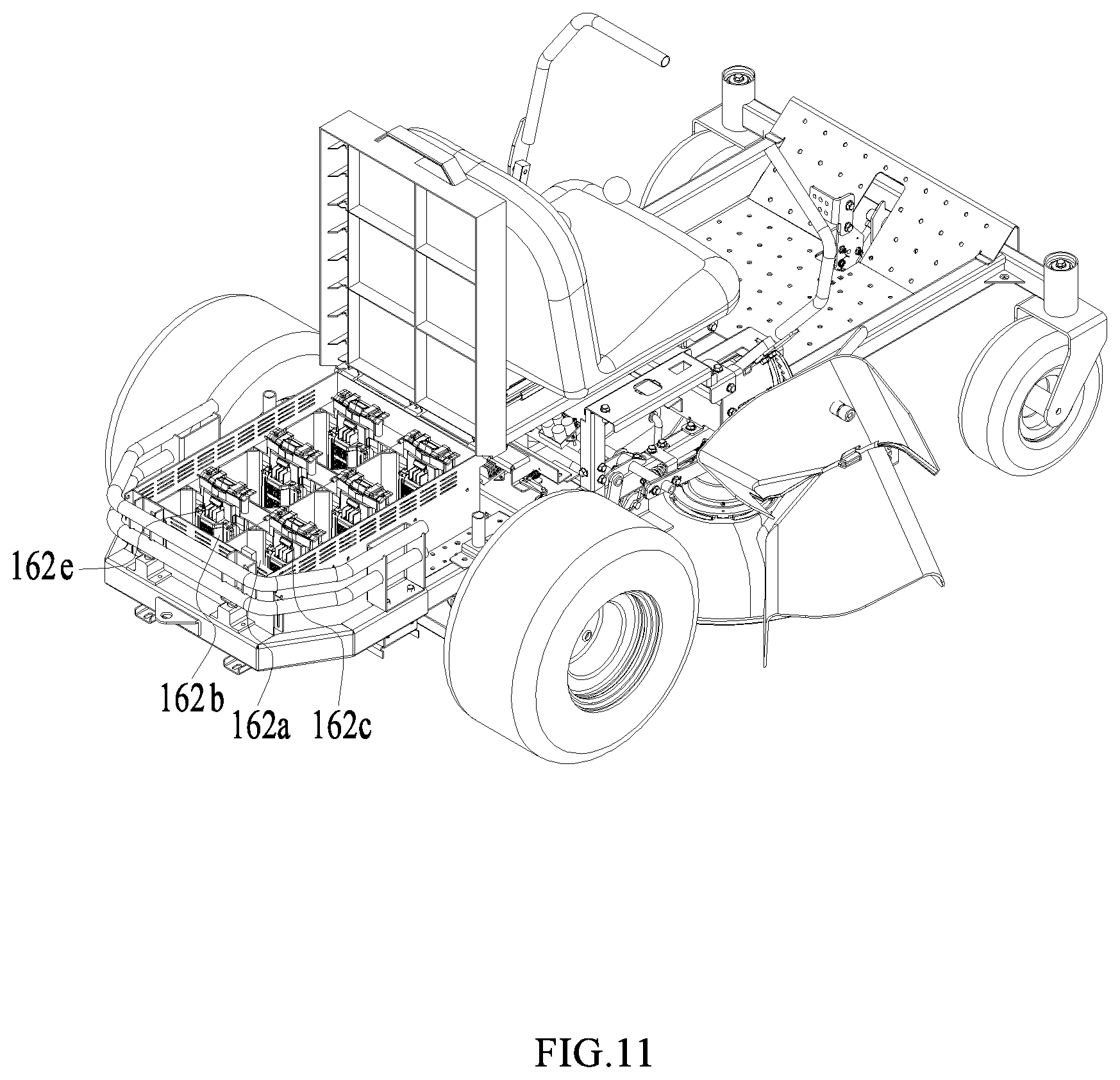 Patent US12317778 Figure 11 – Electric riding lawn mower