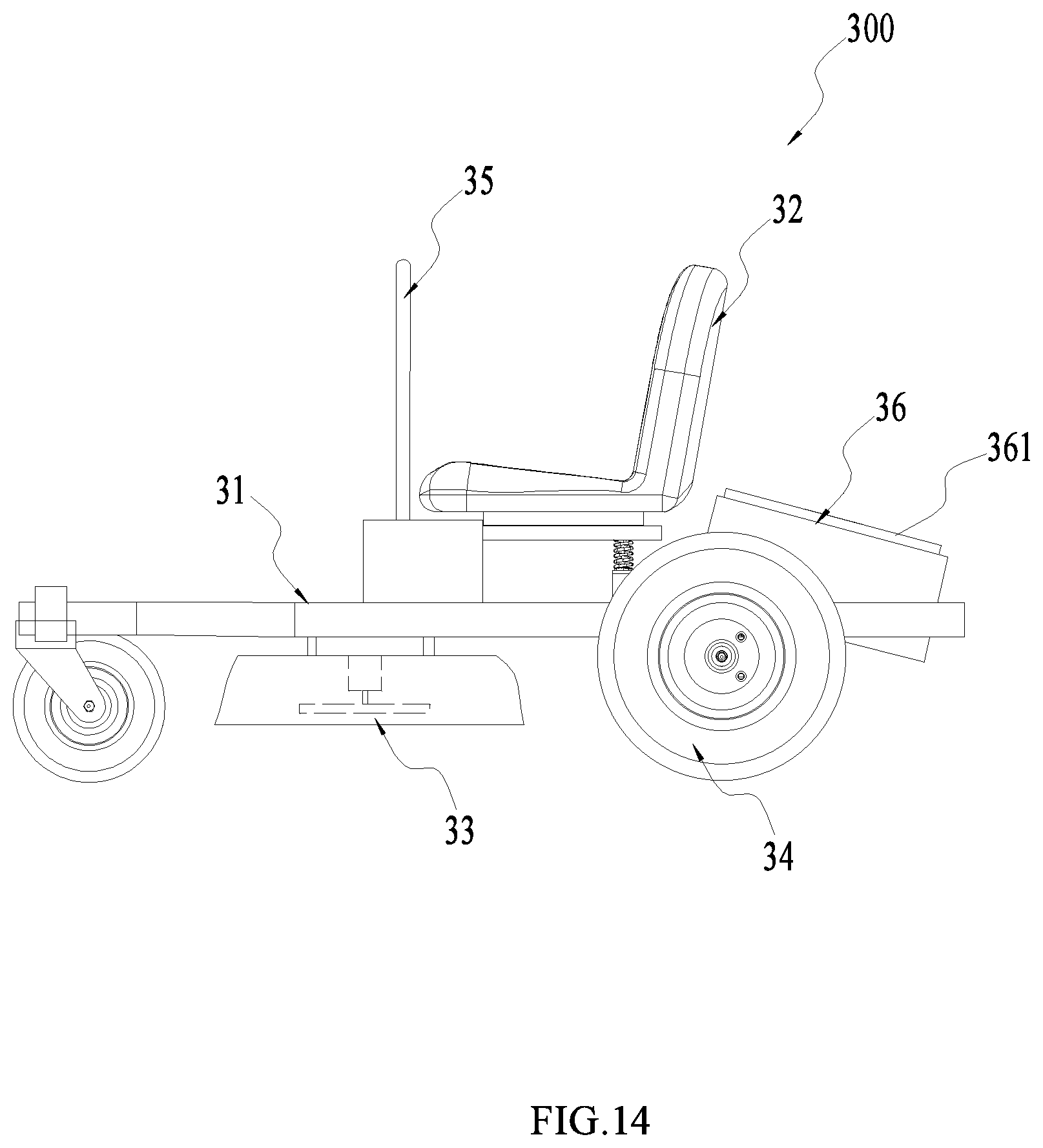 Patent US12317778 Figure 14 – Electric riding lawn mower