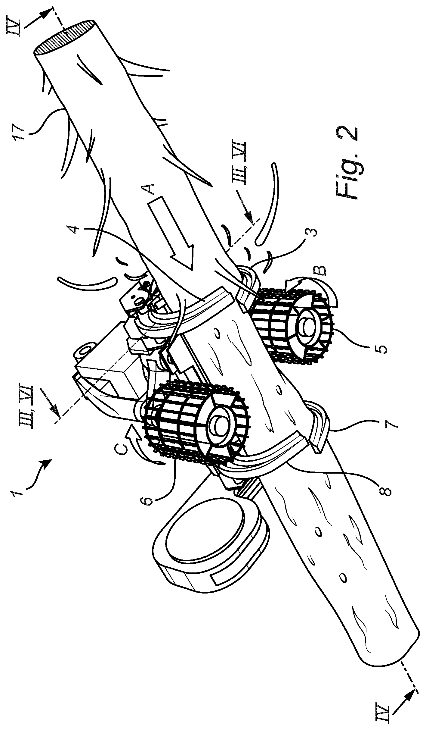 Patent US12317787 Figure 2 – Harvesting head for forestry and a method for determining a thickness of a tree trunk in a harvesting head for forestry
