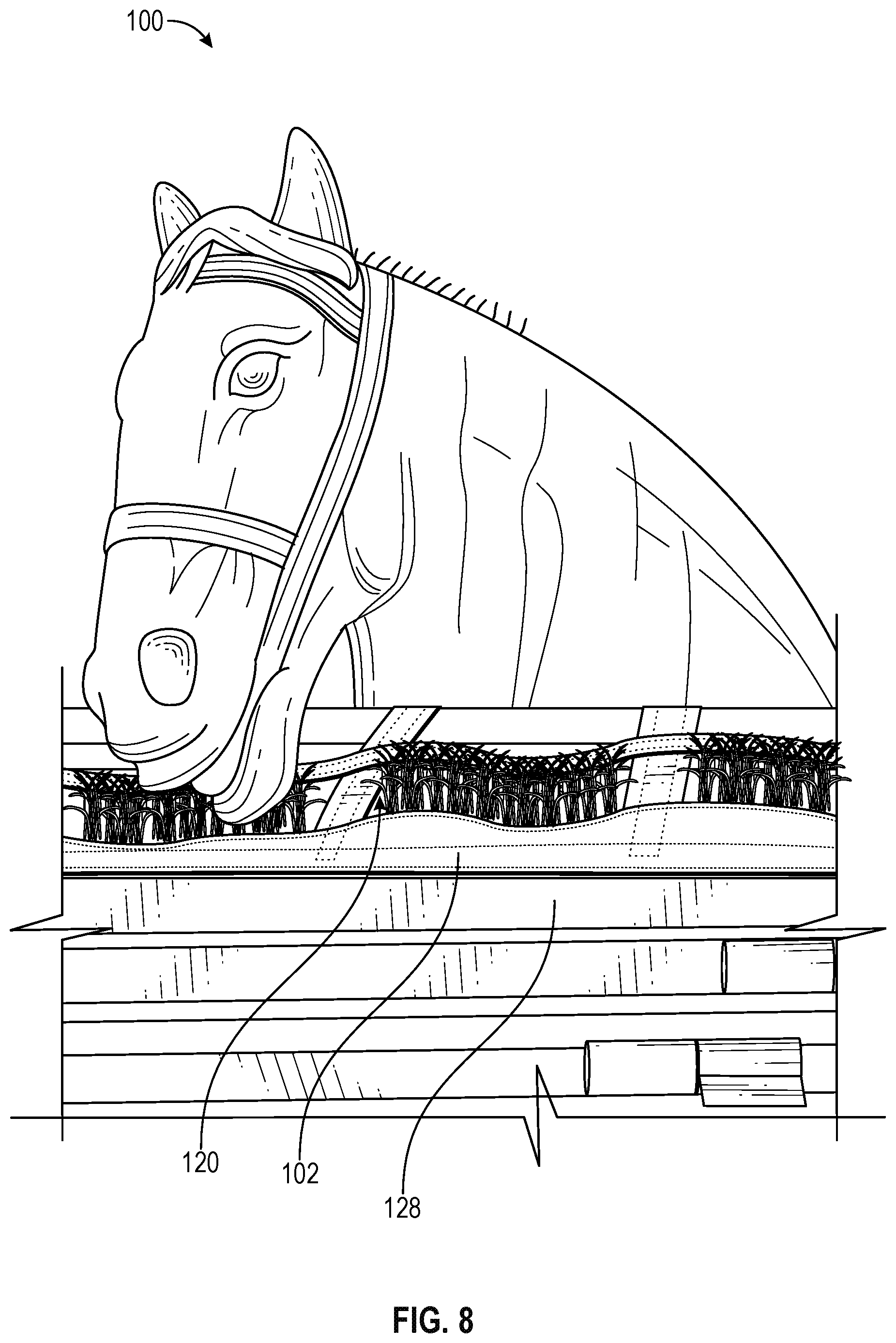 Patent US12317856 Figure 7 – Removably attachable manger cover and system for horse trailers