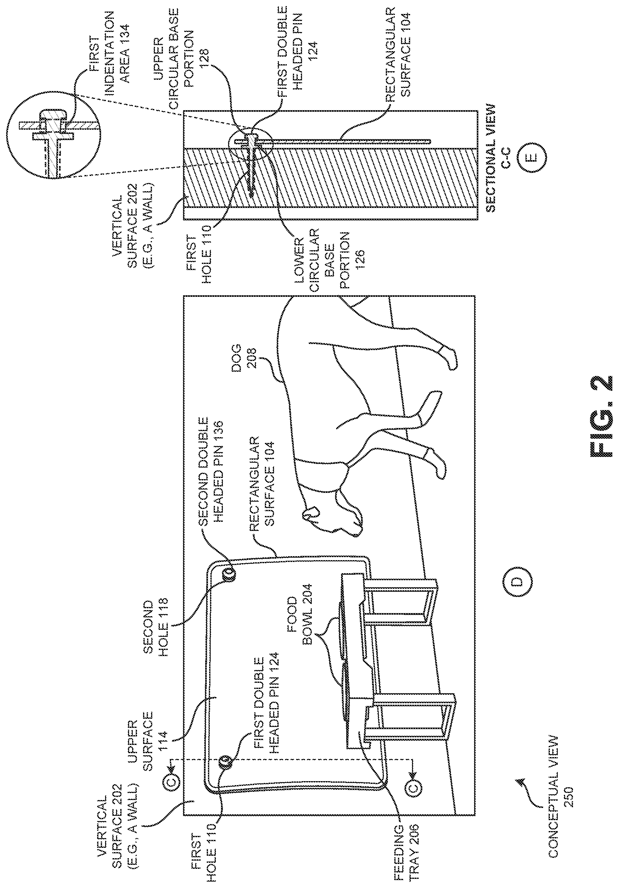 Patent US12317869 Figure 3 – Wall mounted pet accessory to prevent liquid and residue accumulation behind a feeding container