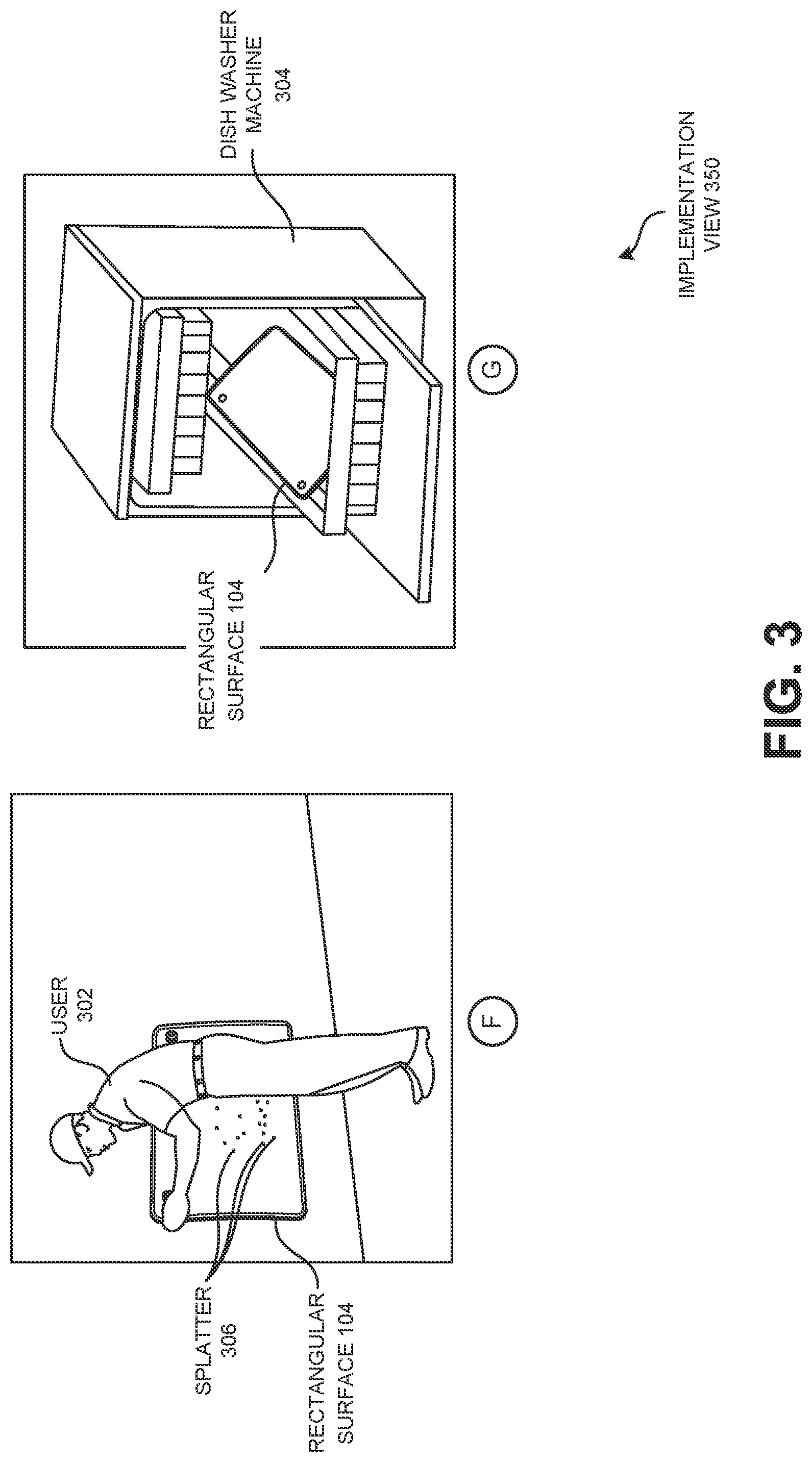 Patent US12317869 Figure 4 – Wall mounted pet accessory to prevent liquid and residue accumulation behind a feeding container