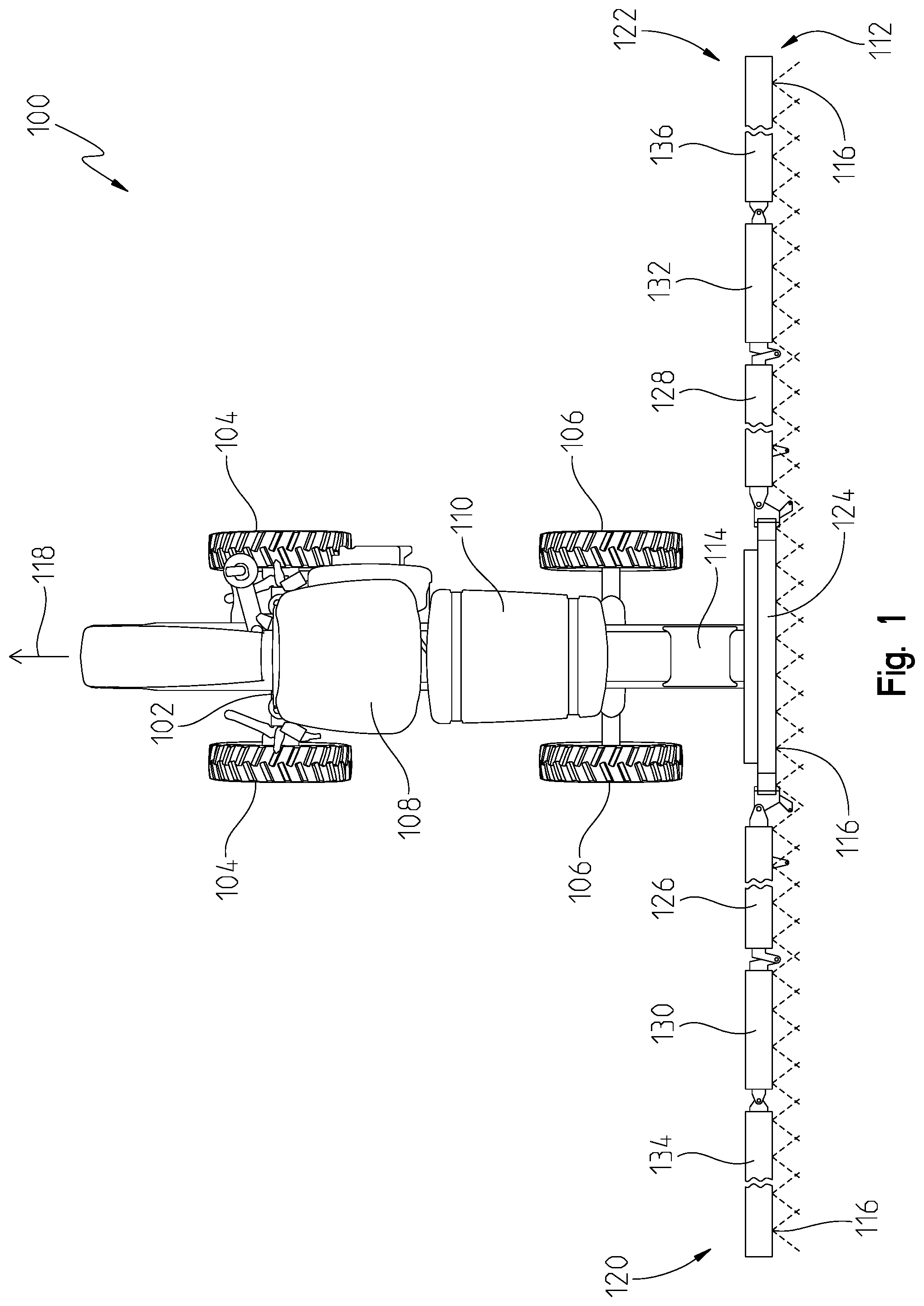 Patent US12317887 Figure 1 – System for adjusting boom hinge rake angle of an agricultural sprayer and method thereof