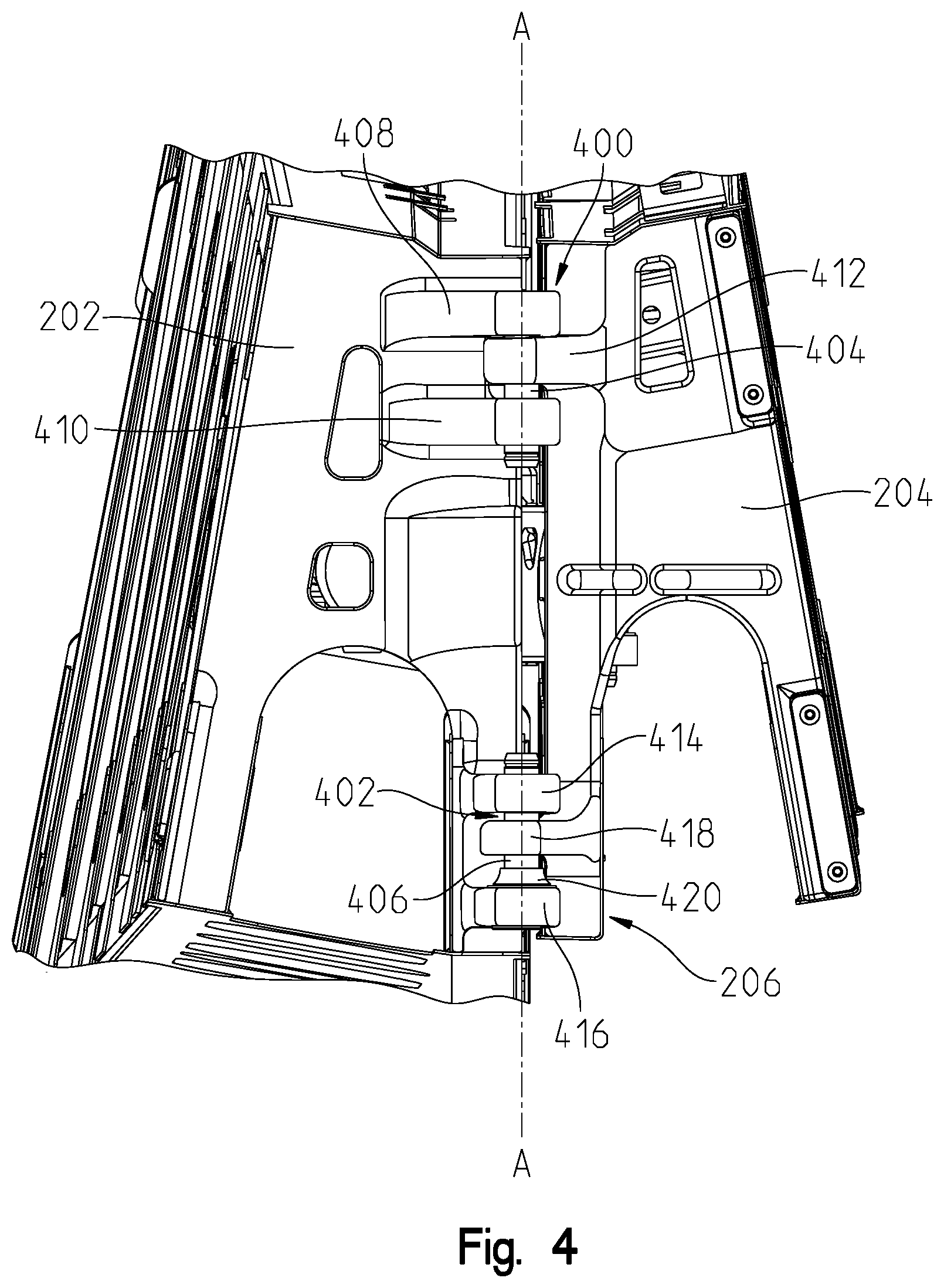 Patent US12317887 Figure 4 – System for adjusting boom hinge rake angle of an agricultural sprayer and method thereof