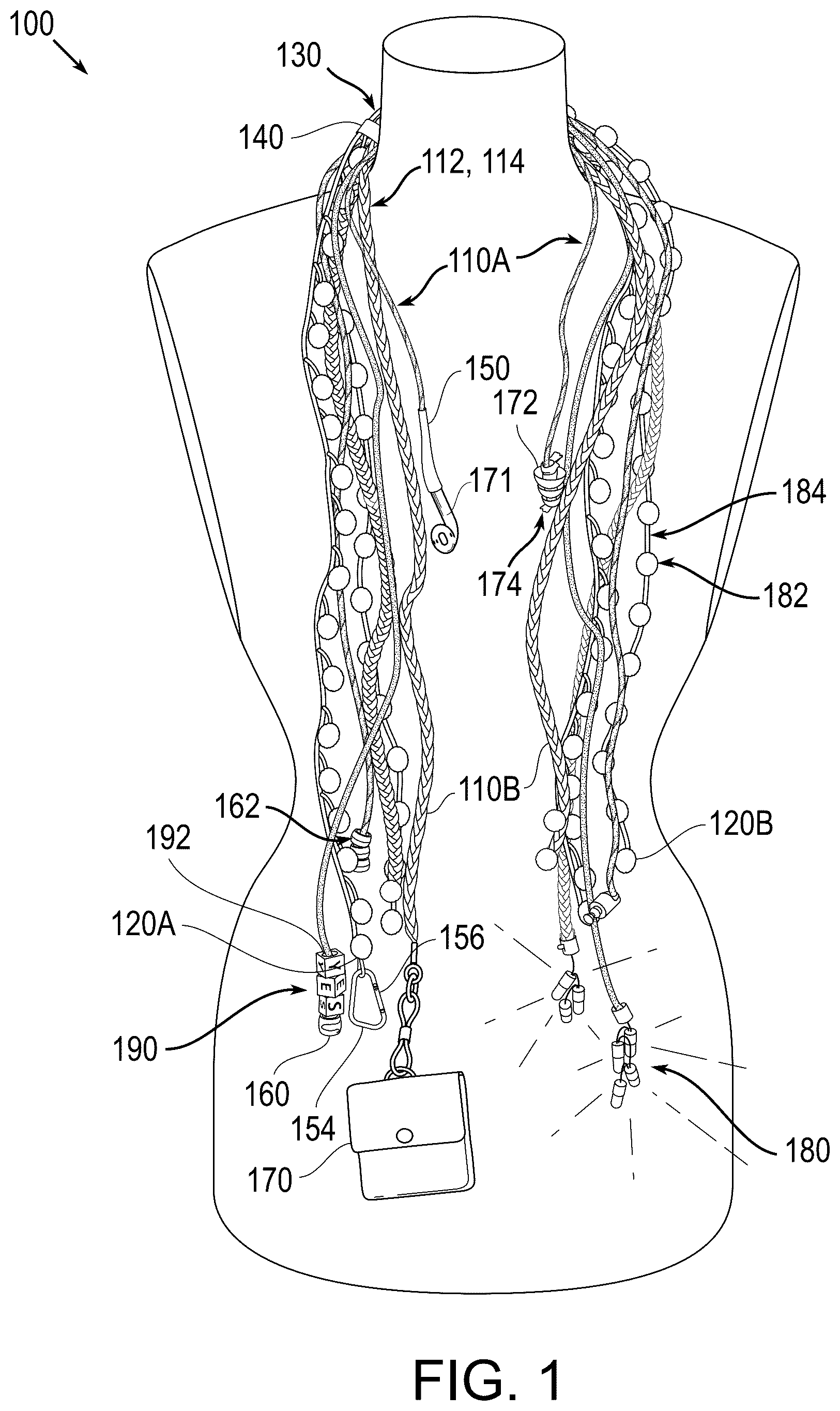 Patent US12317968 Figure 1 – Accessory for wear having plural tails