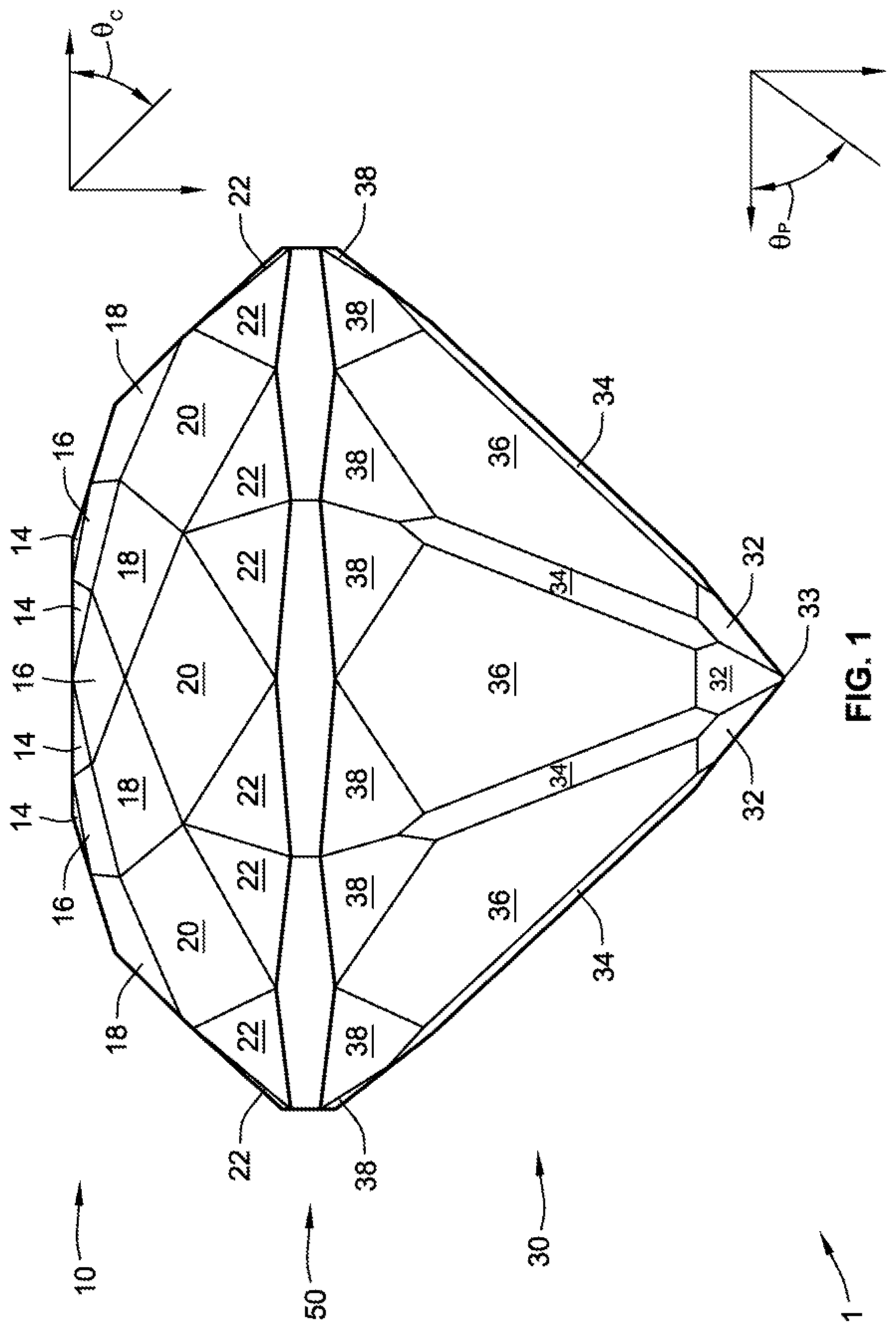 Patent US12317969 Figure 1 – Gemstone and methods of cutting the same