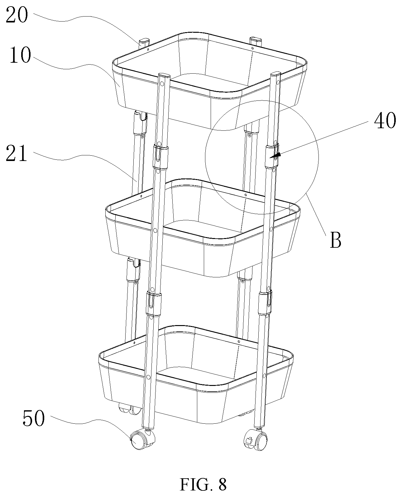 Patent US12317999 Figure 8 – Twistable and stackable shelf and connecting device thereof