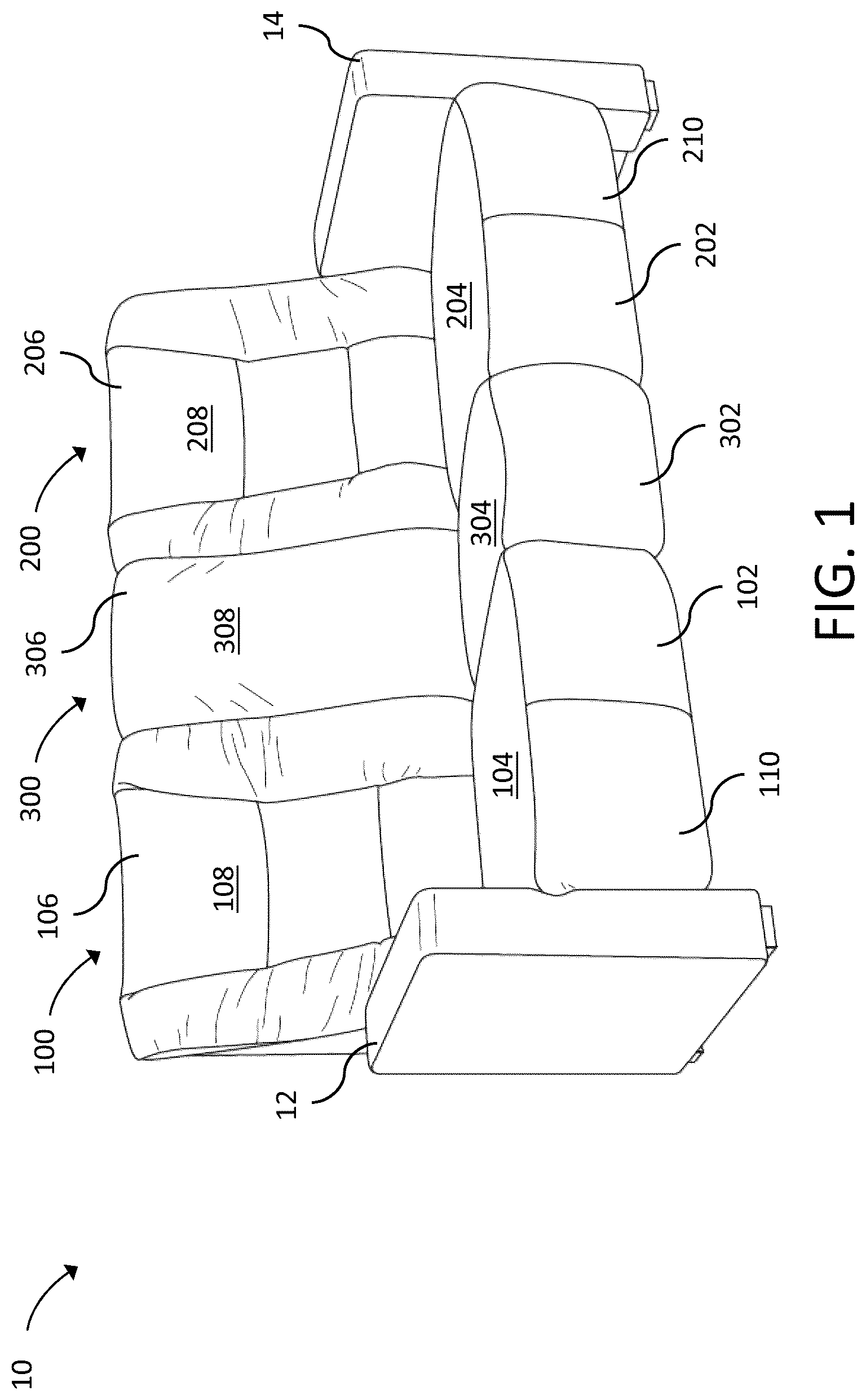 Patent US12318008 Figure 1 – Convertible theater seating assembly