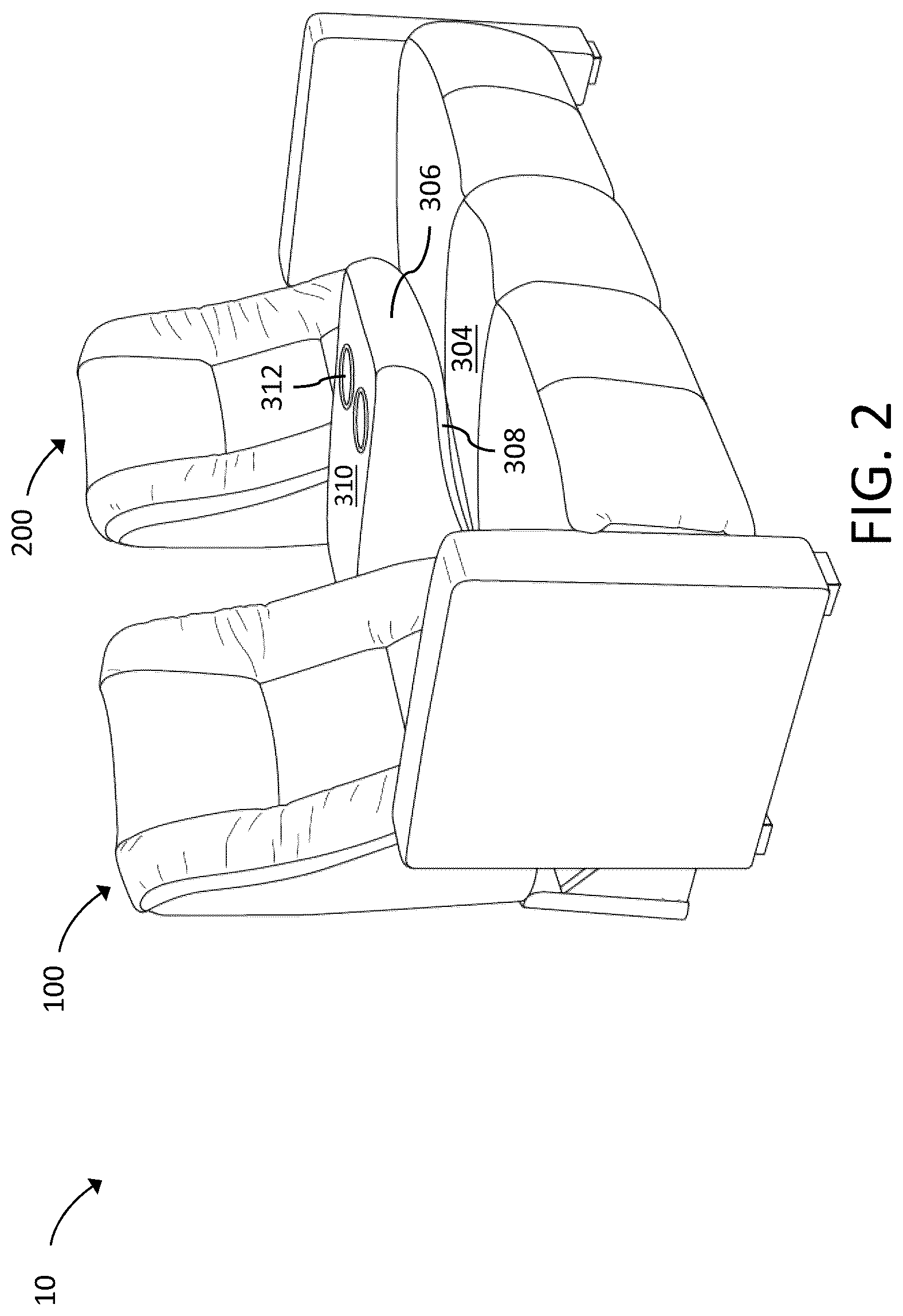 Patent US12318008 Figure 2 – Convertible theater seating assembly