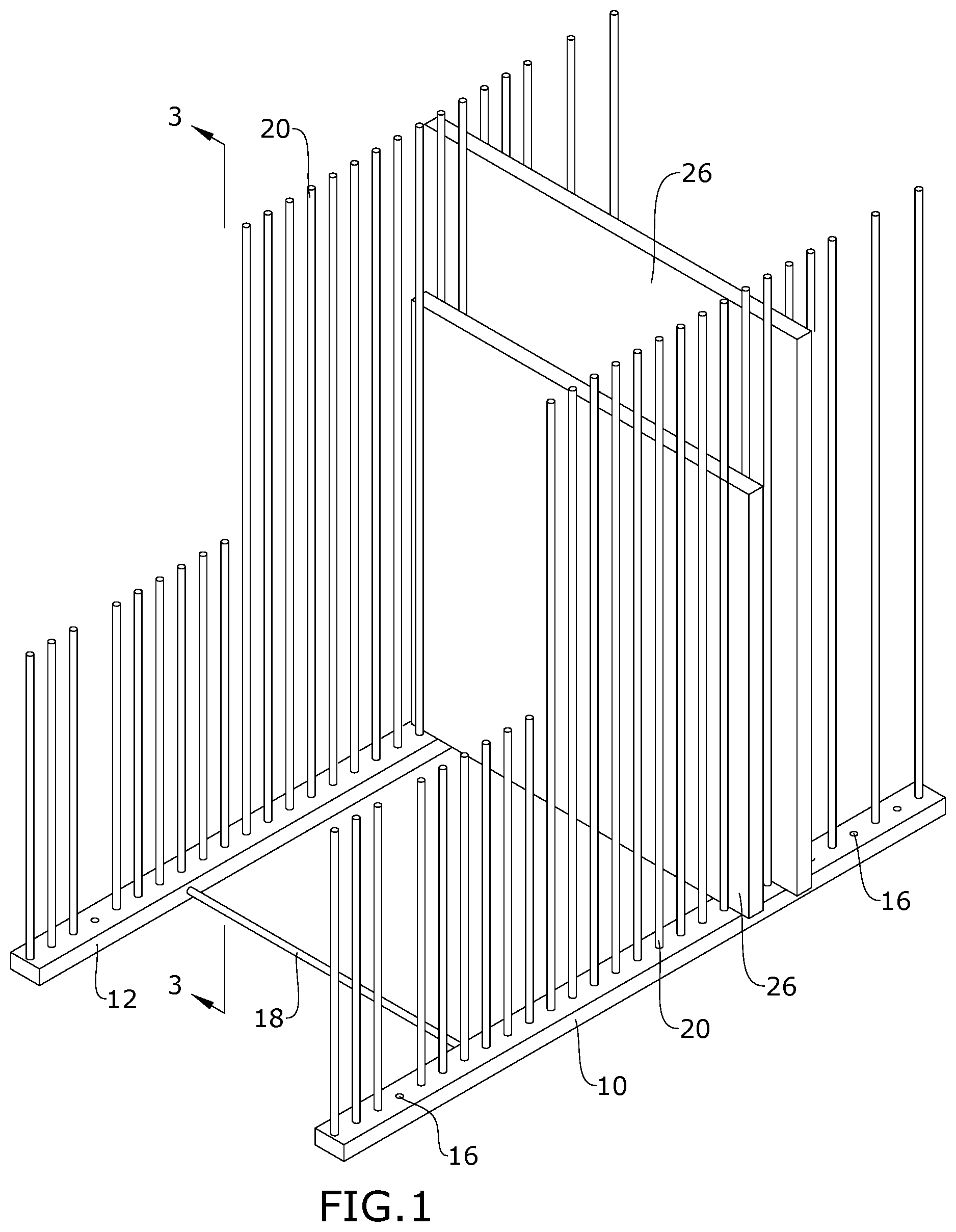 Patent US12318024 Figure 1 – Art rack with dowels