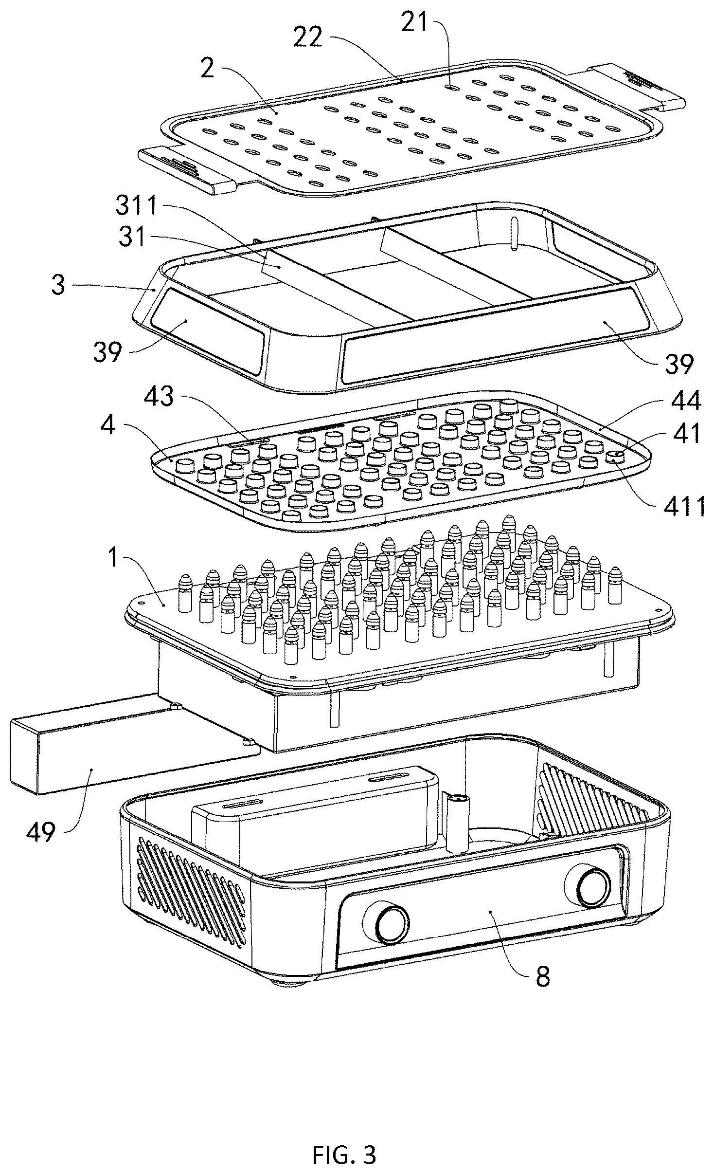 Patent US12318037 Figure 3 – Electric arc grill with oil receiving plate