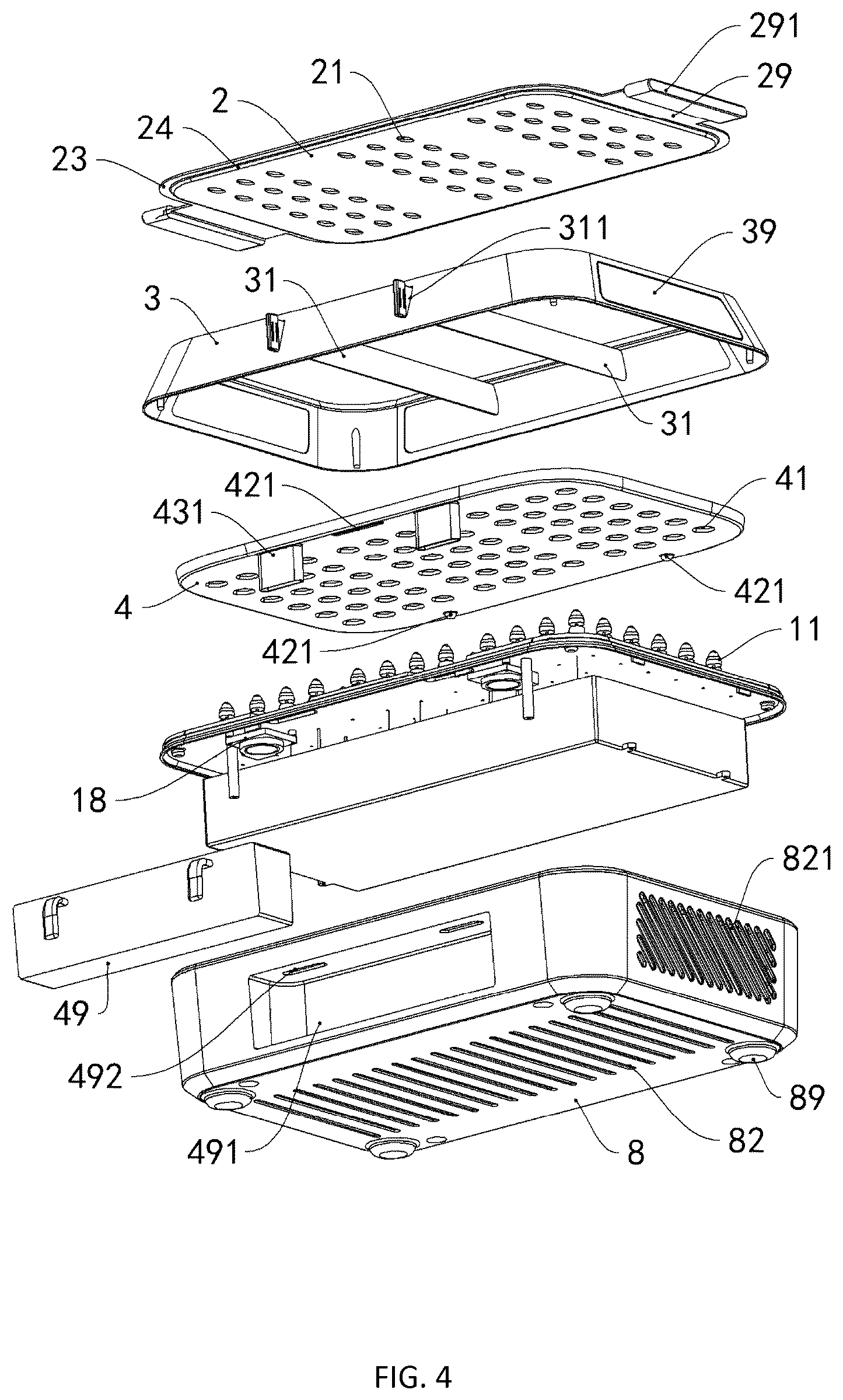 Patent US12318037 Figure 4 – Electric arc grill with oil receiving plate