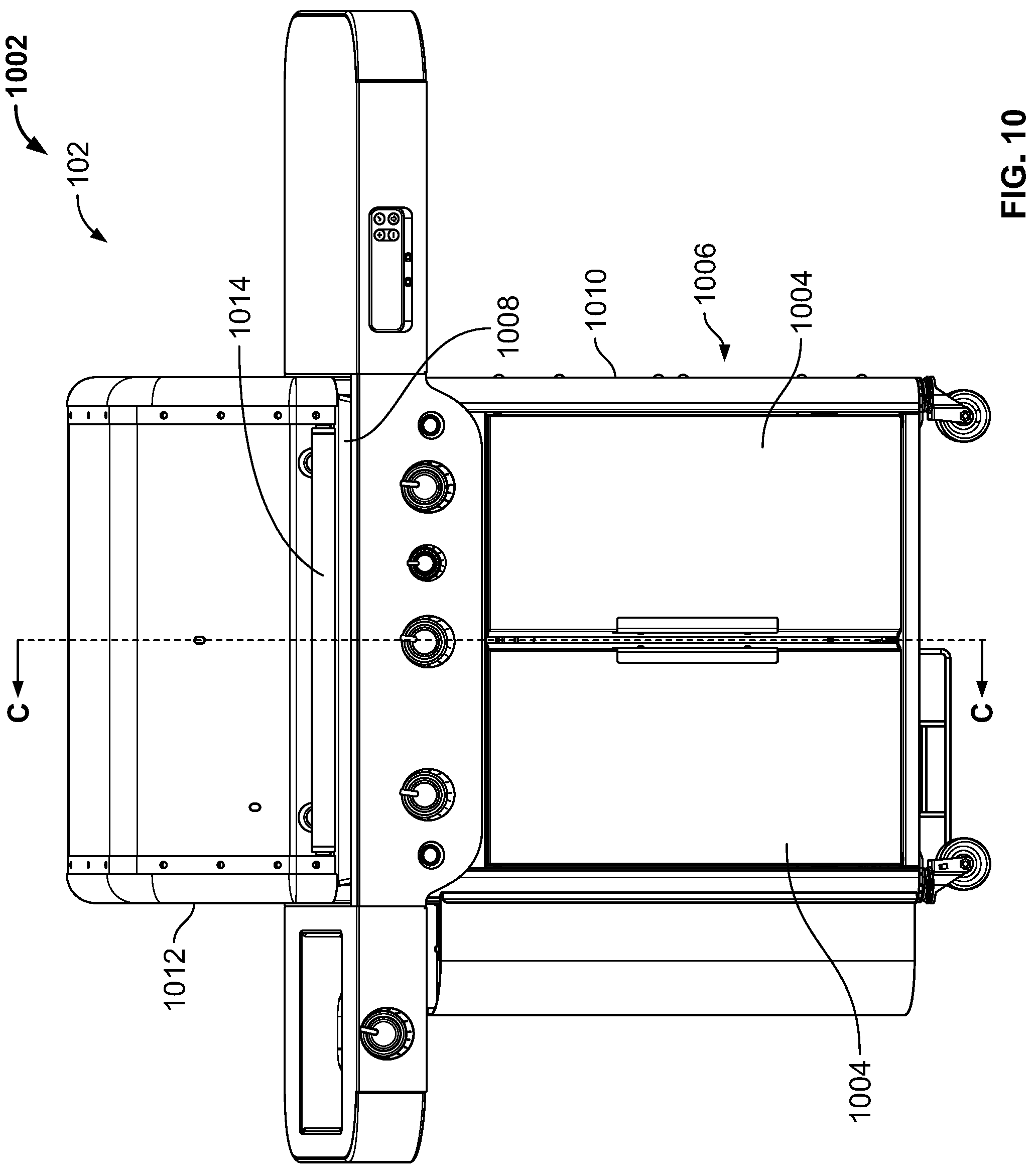 Patent US12318038 Figure 10 – Slidable waste management systems for cookboxes of grills