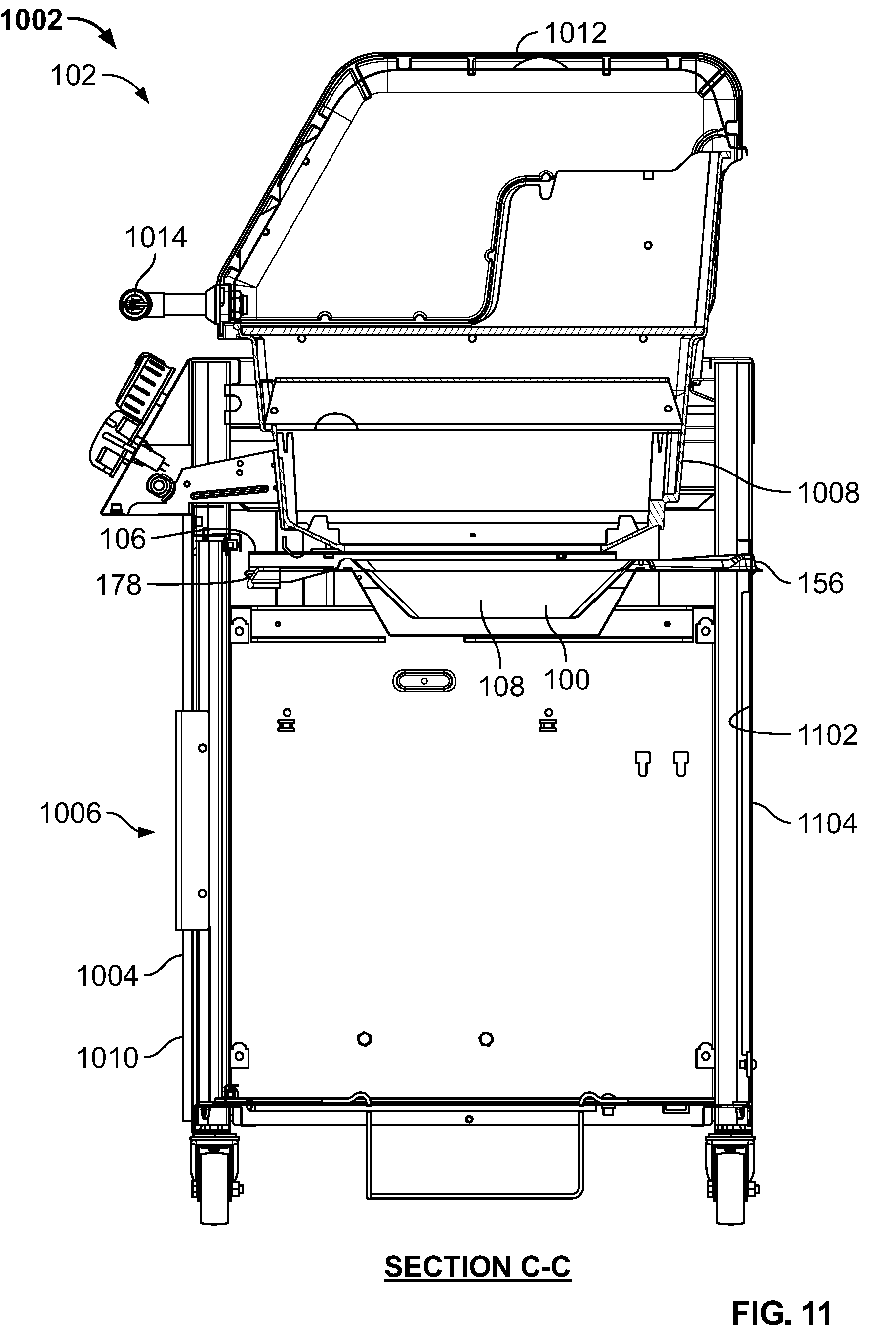 Patent US12318038 Figure 11 – Slidable waste management systems for cookboxes of grills