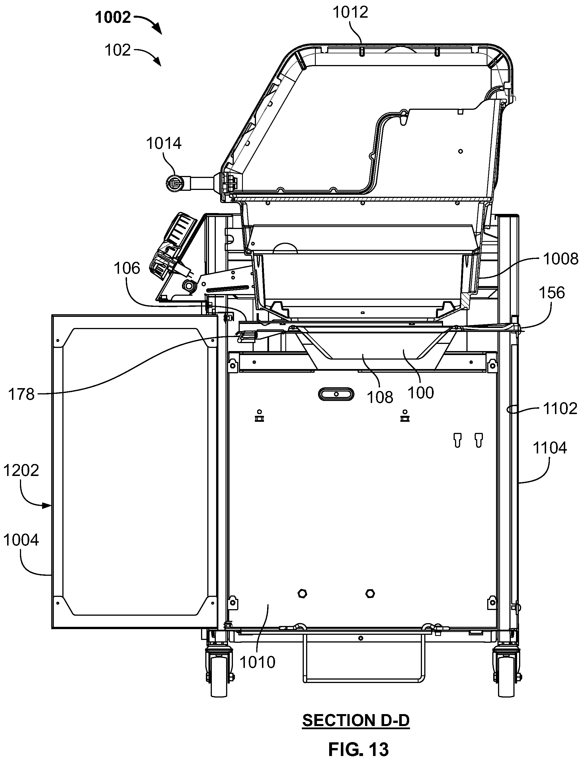 Patent US12318038 Figure 13 – Slidable waste management systems for cookboxes of grills