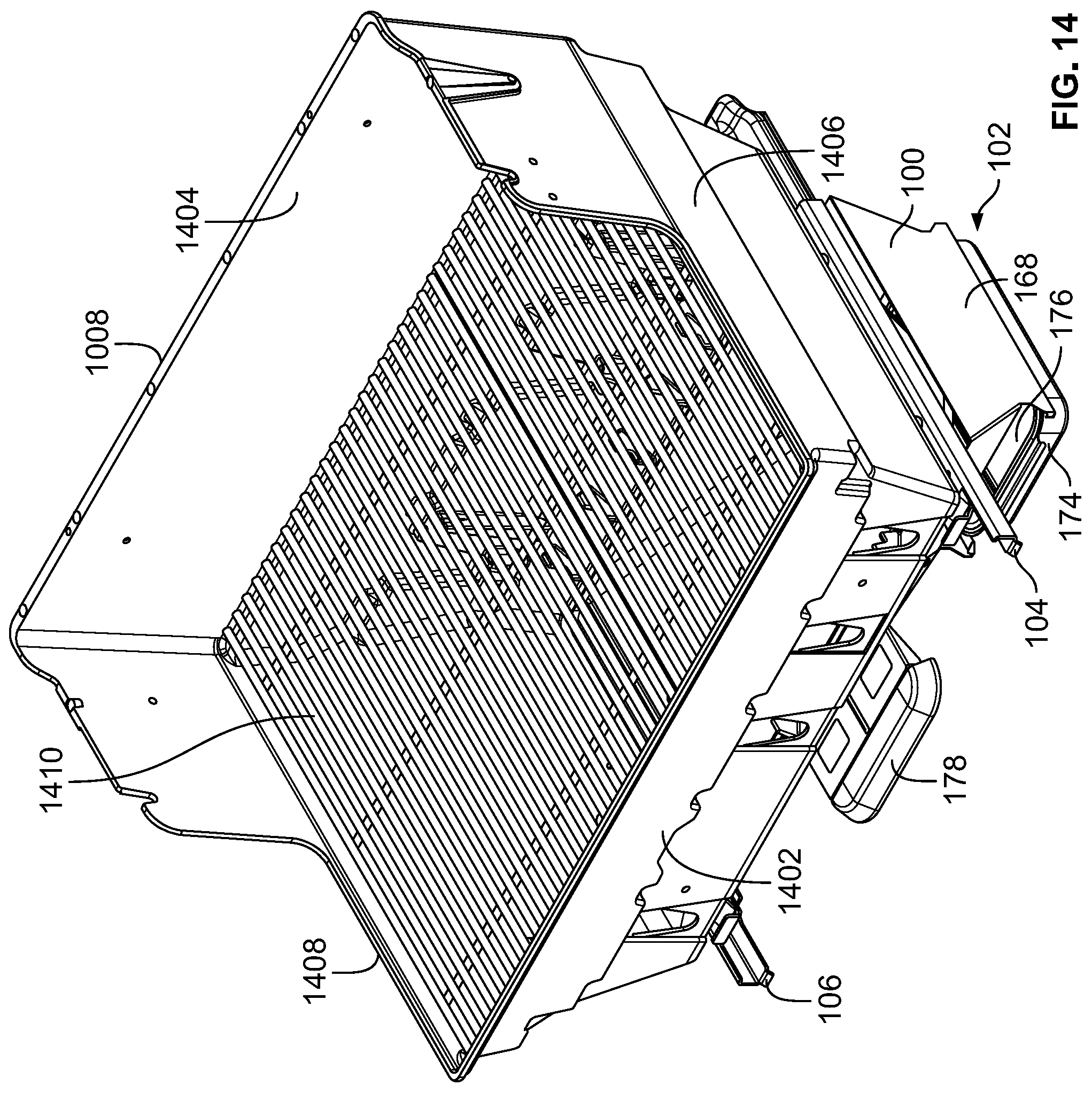 Patent US12318038 Figure 14 – Slidable waste management systems for cookboxes of grills