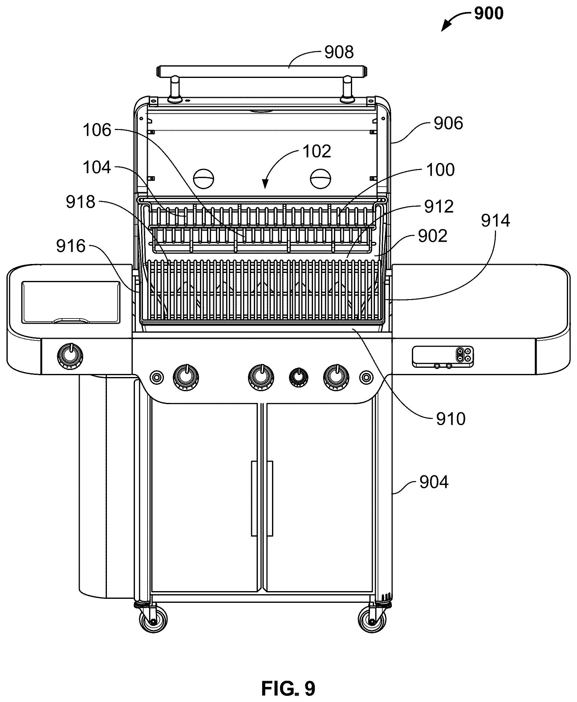 Patent US12318039 Figure 9 – Adjustable warming racks for cookboxes of grills