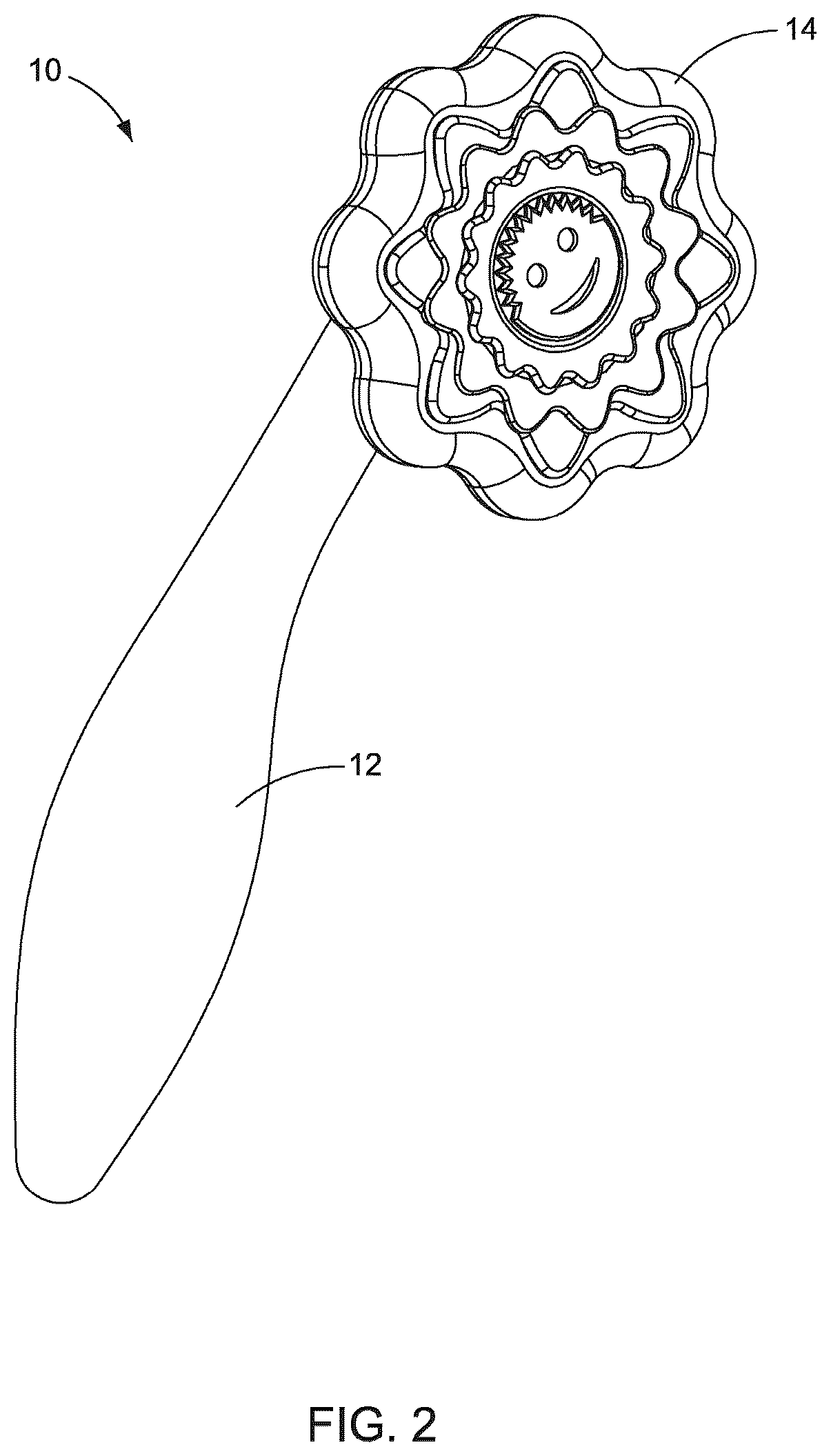 Patent US12318048 Figure 2 – Scrubbing tool having a movable two-section handle and a dissolvable cleaning head