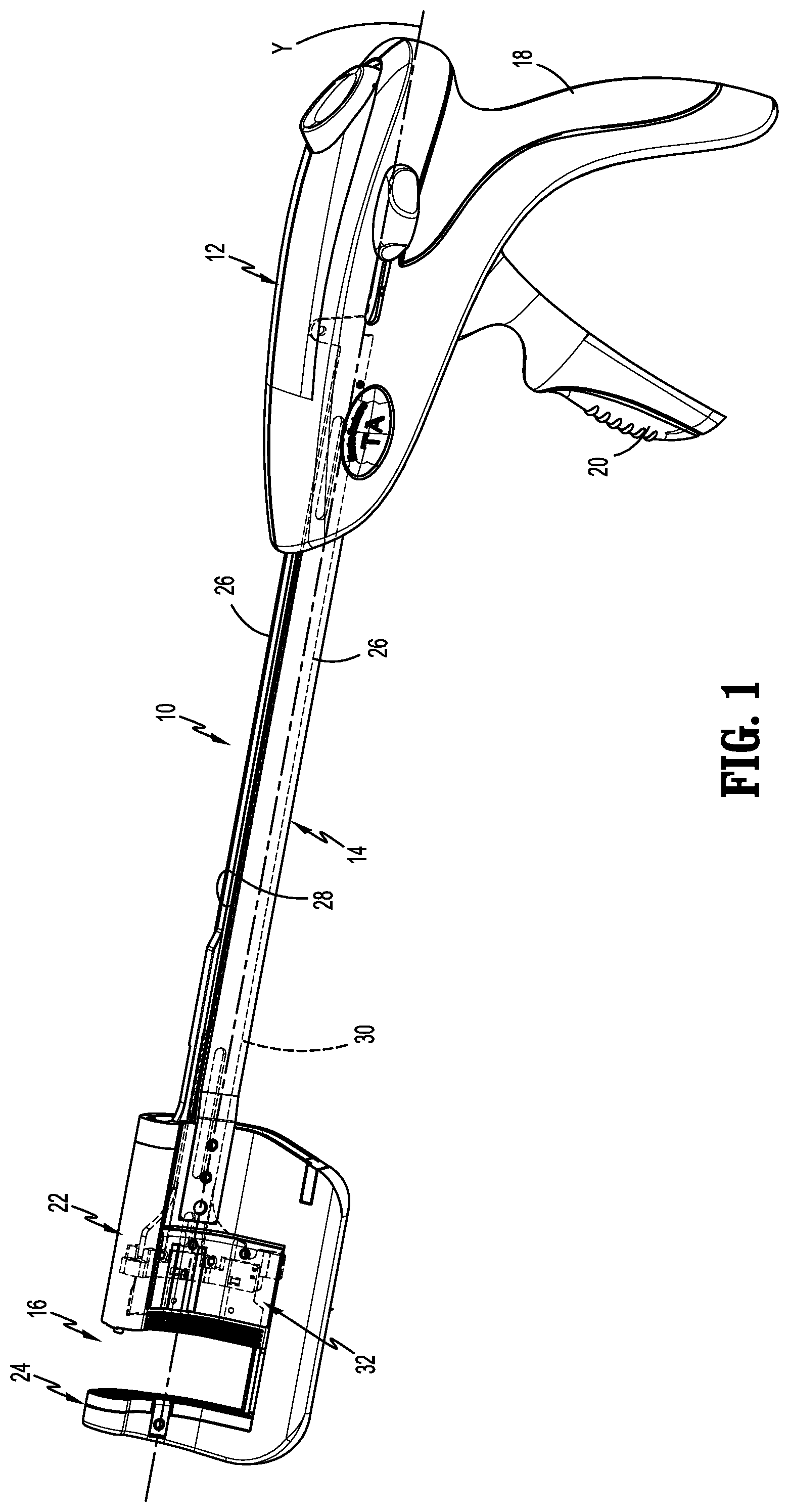 Patent US12318088 Figure 1 – Surgical stapling device with reloadable cartridge
