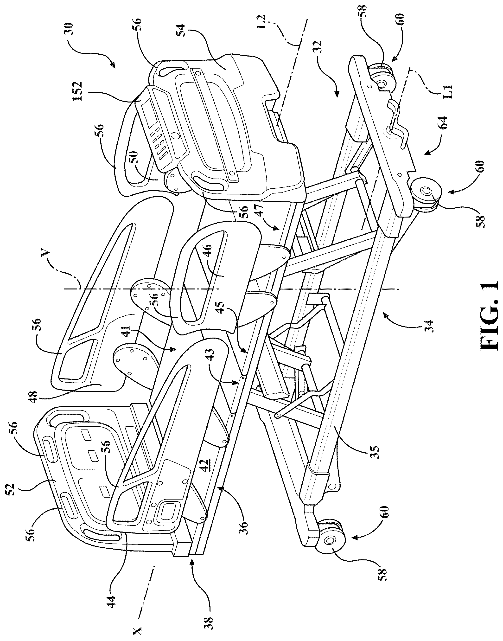 Patent US12318337 Figure 1 – Patient transport apparatus with electro-mechanical braking system