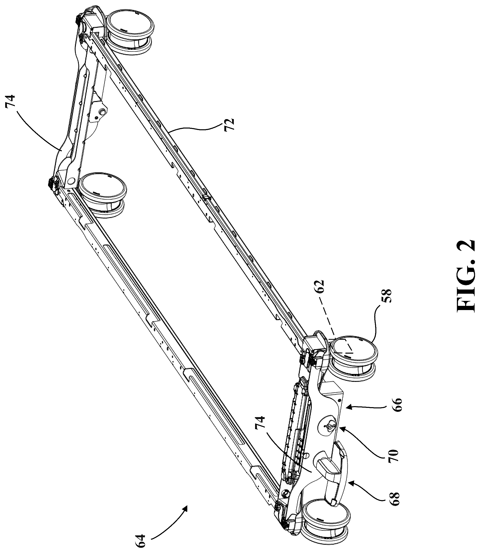 Patent US12318337 Figure 2 – Patient transport apparatus with electro-mechanical braking system