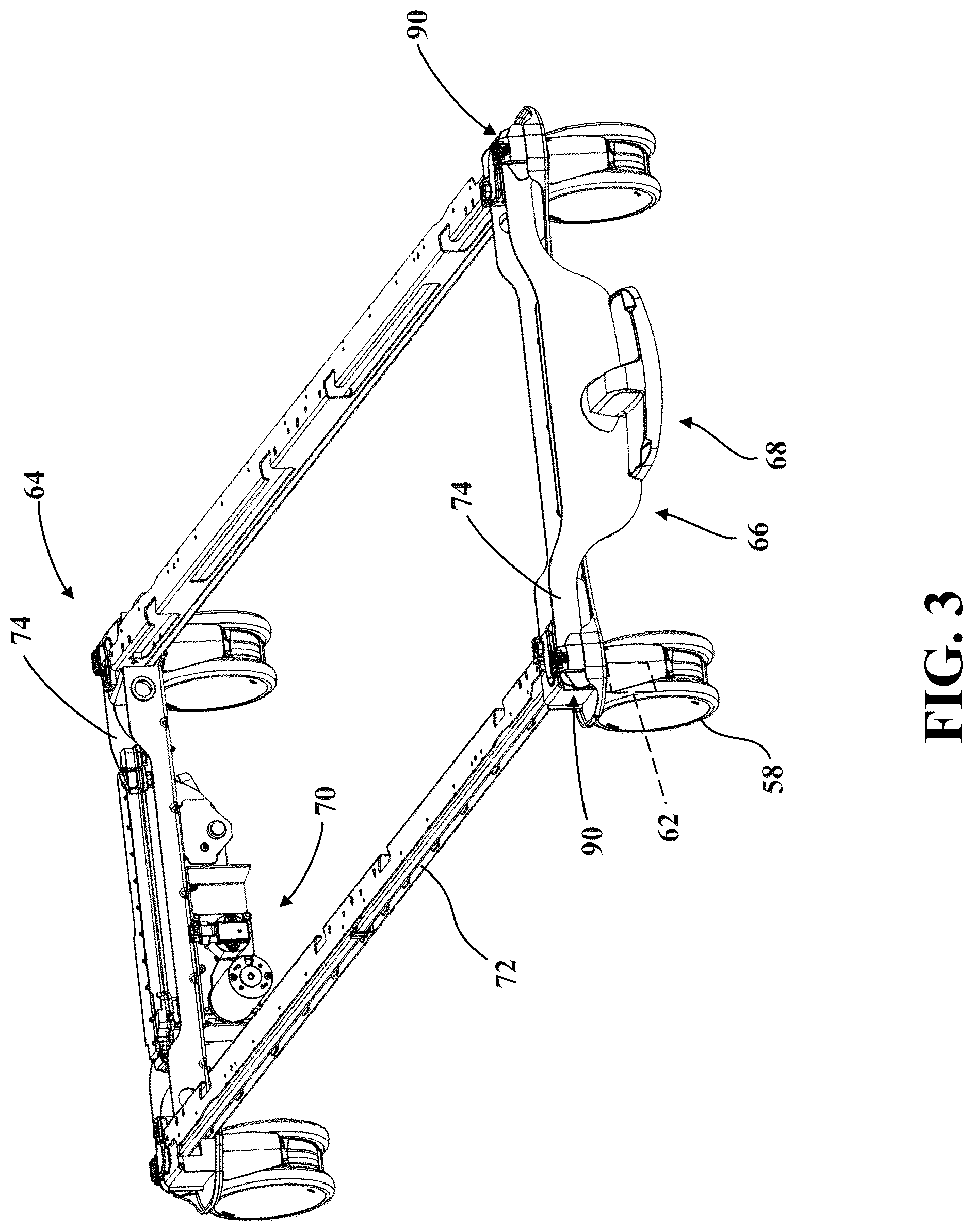 Patent US12318337 Figure 3 – Patient transport apparatus with electro-mechanical braking system