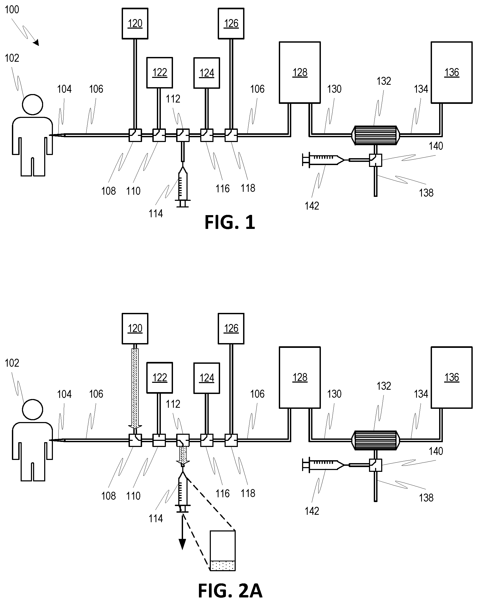 Patent US12318526 Figure 1 – Syringe-based manual extracorporeal blood treatment systems and methods employing batch processing