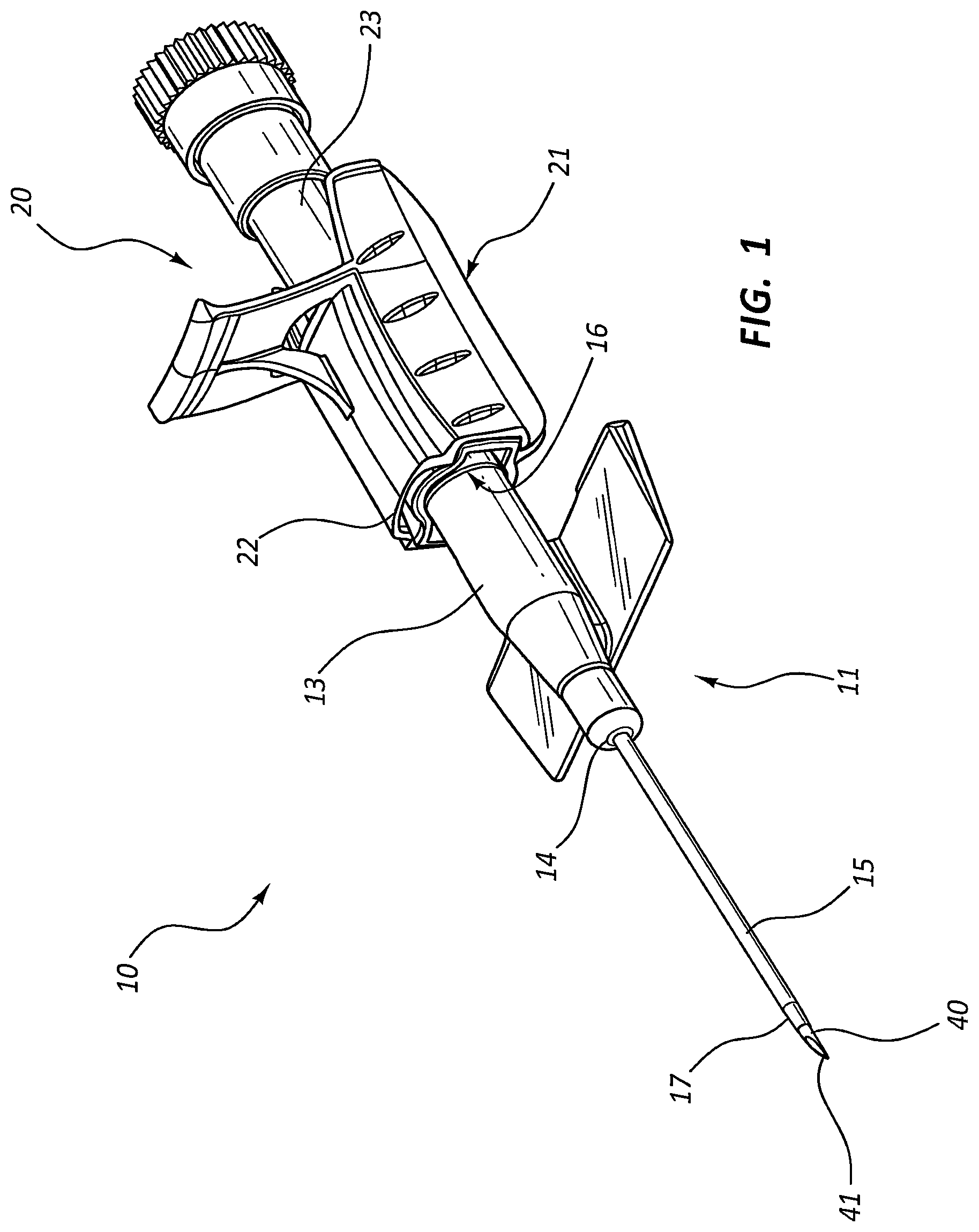 Patent US12318559 Figure 1 – Ported IV catheter having external needle shield and internal blood control septum