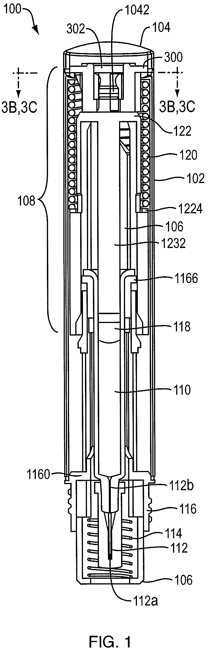 Patent US12318581 Figure 1 – Needle assisted injection device having reduced trigger force