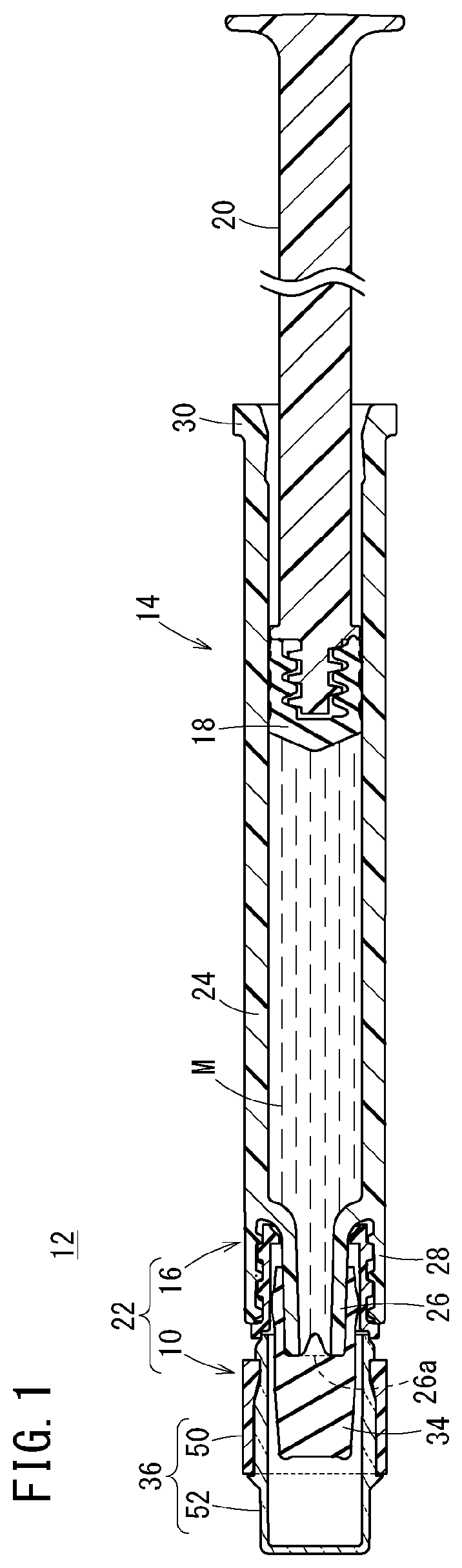 Patent US12318596 Figure 1 – Syringe cap, syringe assembly, and pre-filled syringe