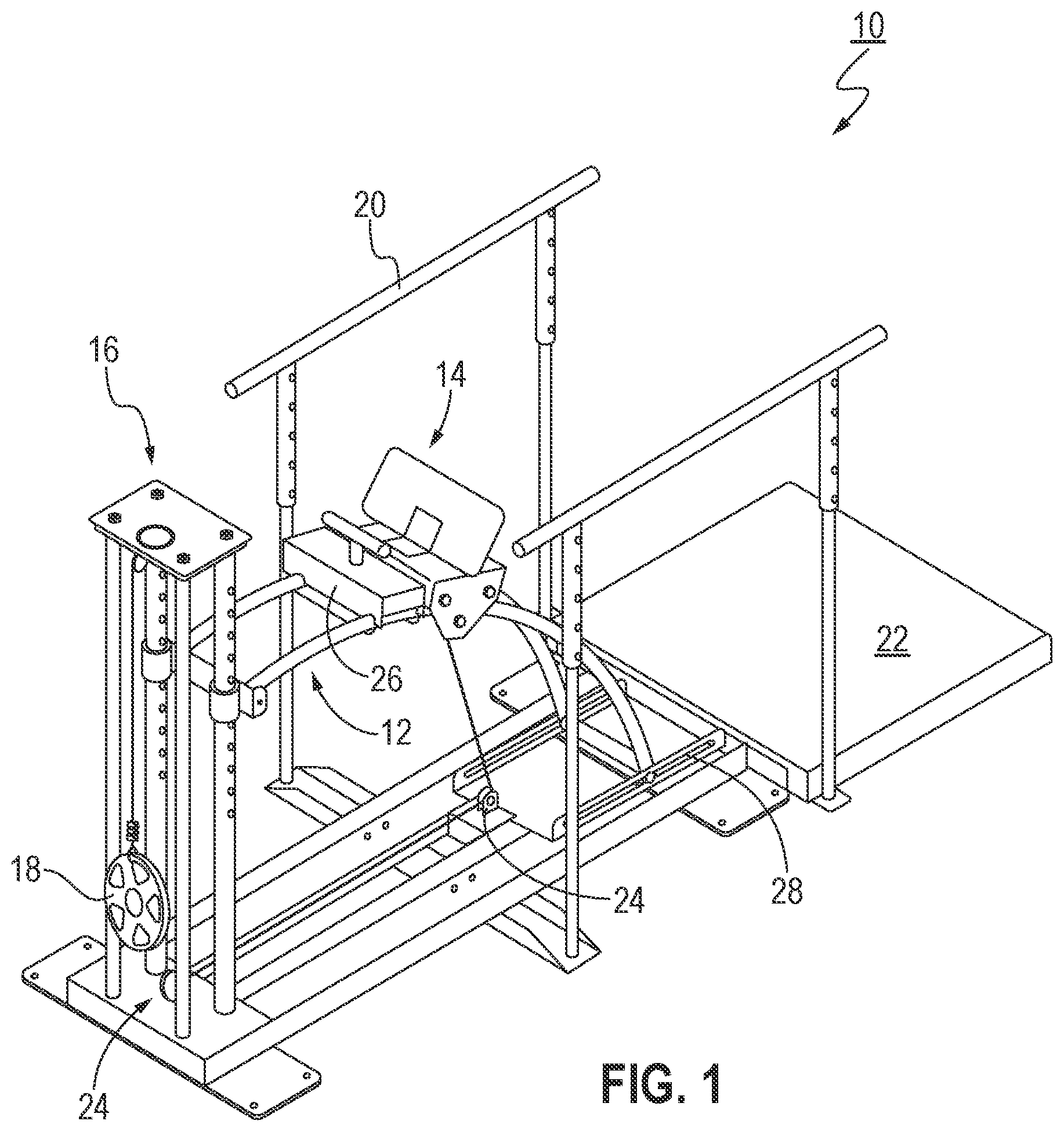 Patent US12318659 Figure 1 – Arcing exercise station for legs