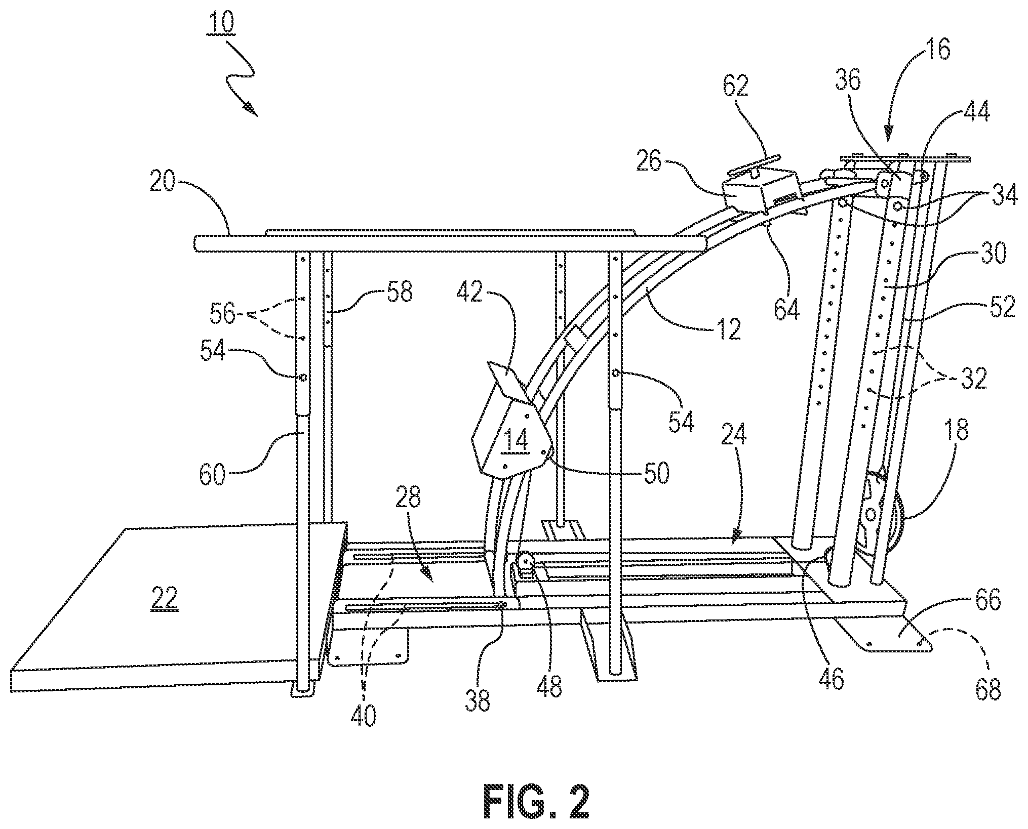 Patent US12318659 Figure 2 – Arcing exercise station for legs