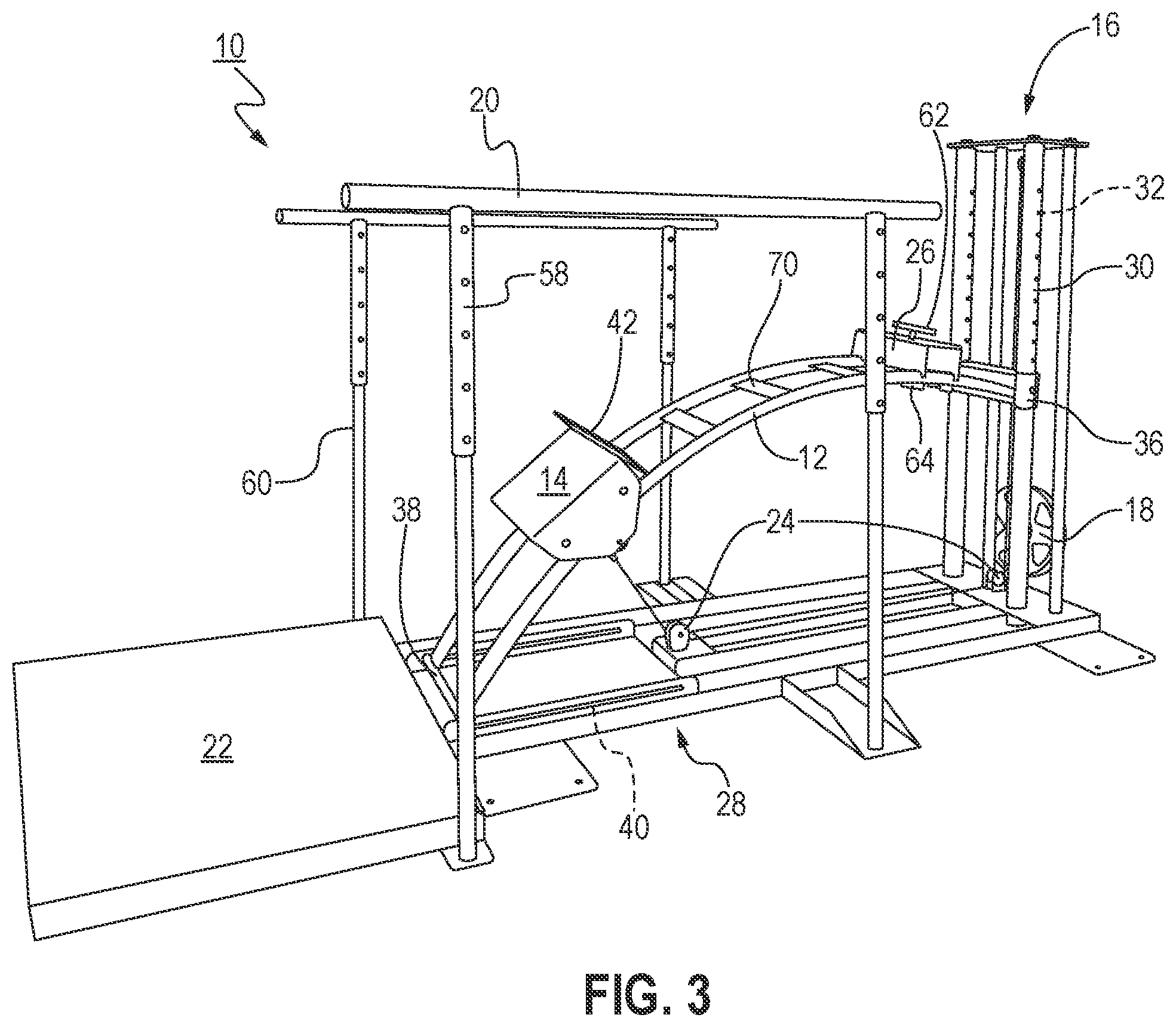 Patent US12318659 Figure 3 – Arcing exercise station for legs