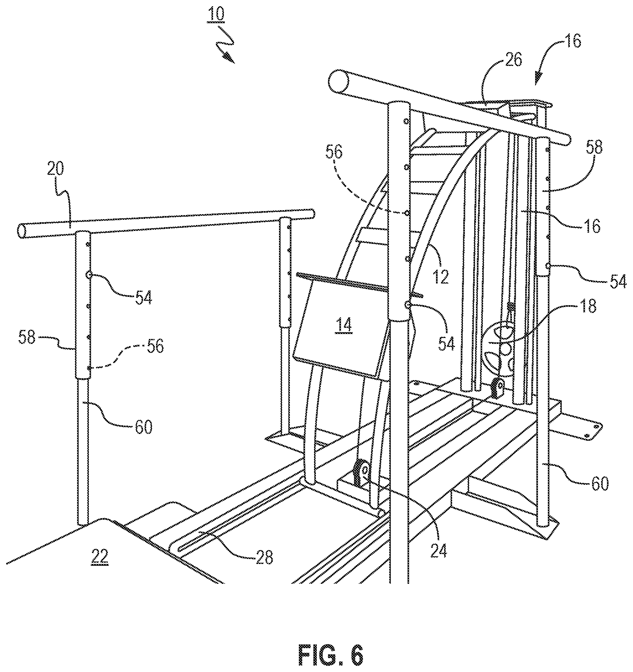 Patent US12318659 Figure 6 – Arcing exercise station for legs