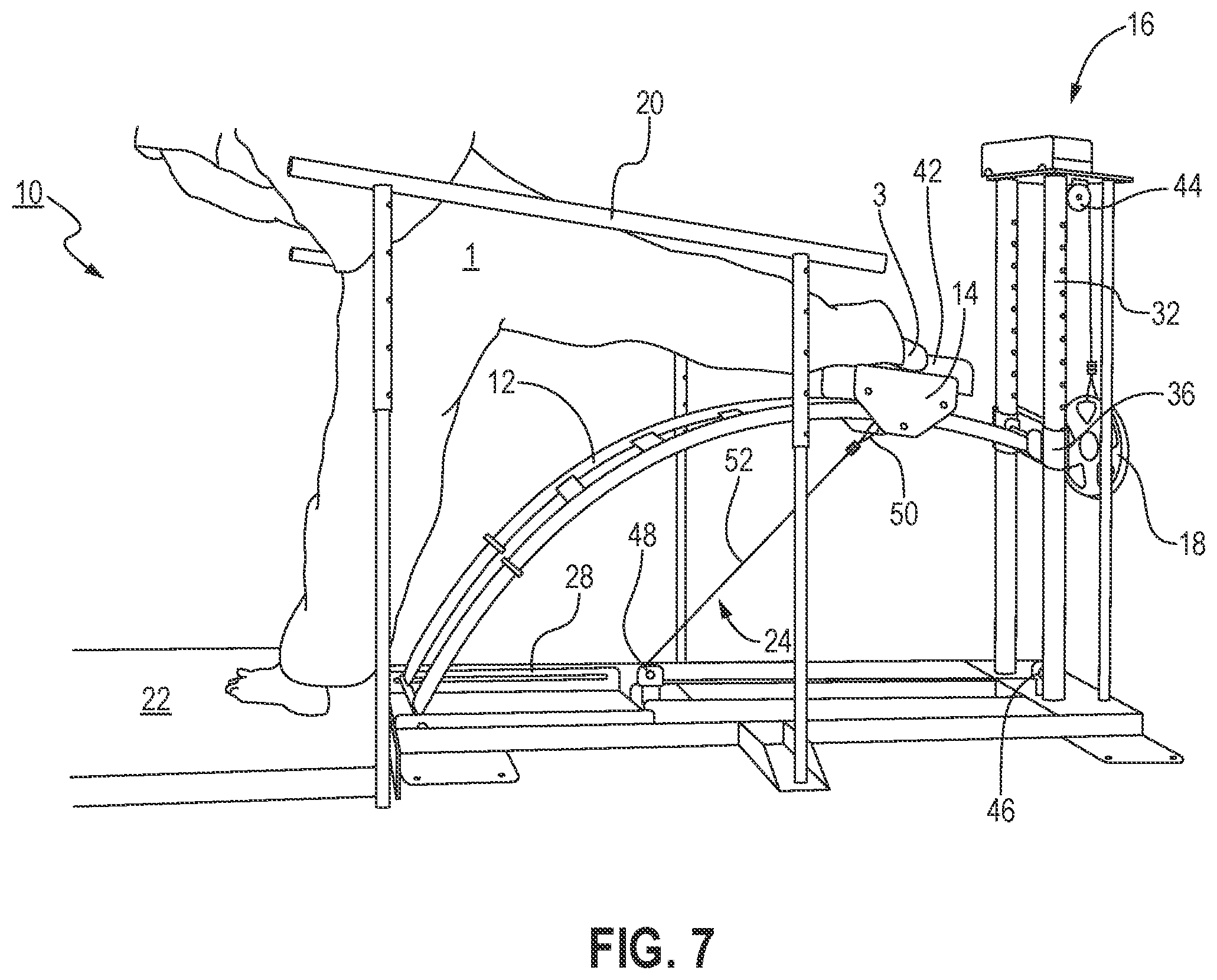 Patent US12318659 Figure 7 – Arcing exercise station for legs