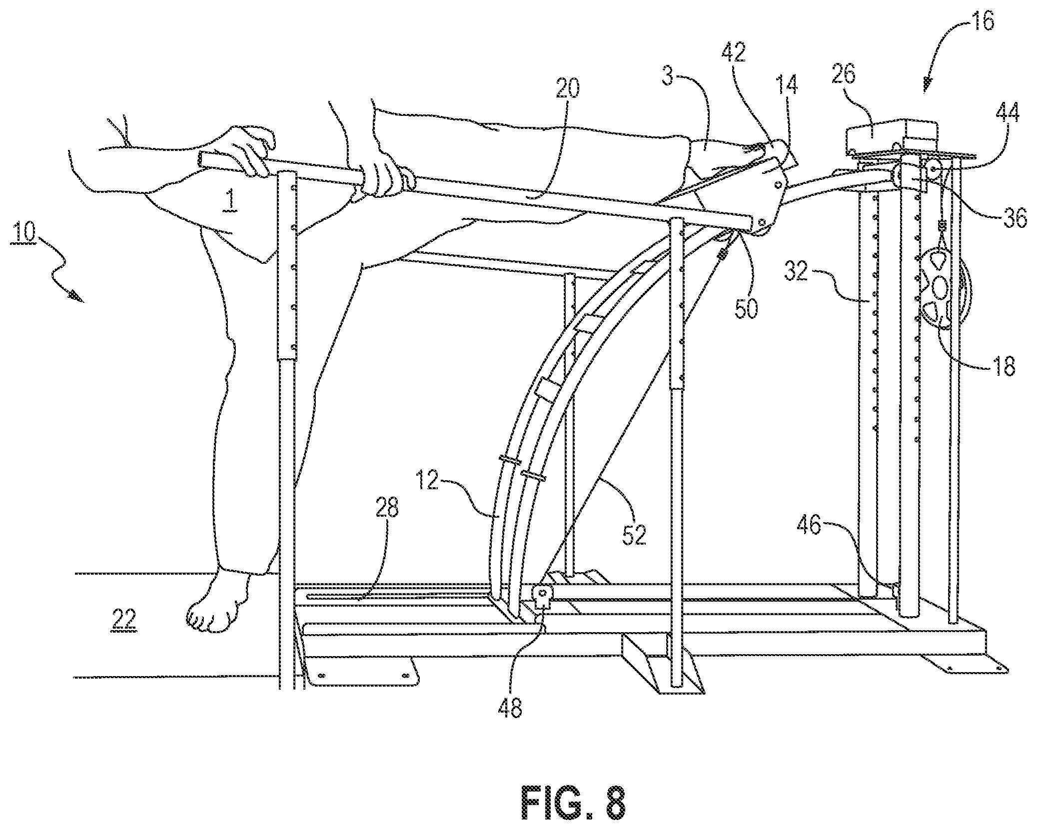 Patent US12318659 Figure 8 – Arcing exercise station for legs