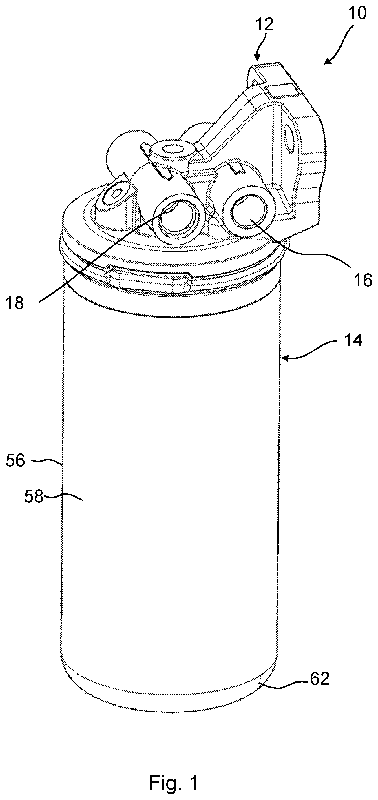 Patent US12318711 Figure 1 – Treatment device for treating fluids, in particular liquid fluids, and treatment unit and connection head for a treatment device