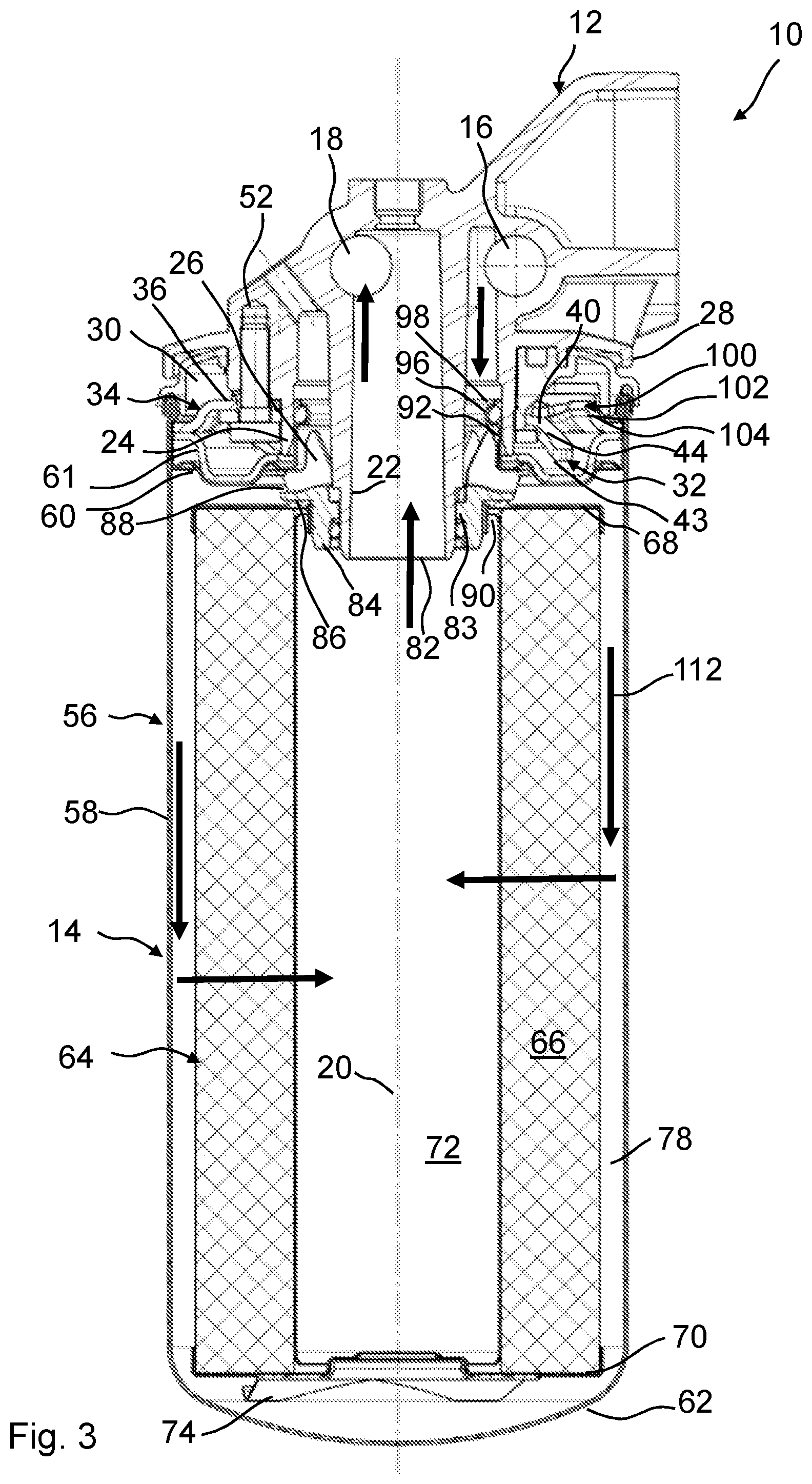 Patent US12318711 Figure 3 – Treatment device for treating fluids, in particular liquid fluids, and treatment unit and connection head for a treatment device