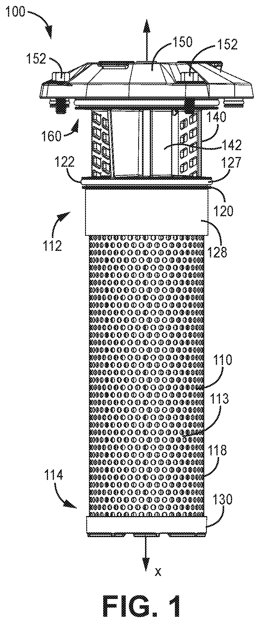 Patent US12318715 Figure 1 – Filter element endcap with shroud