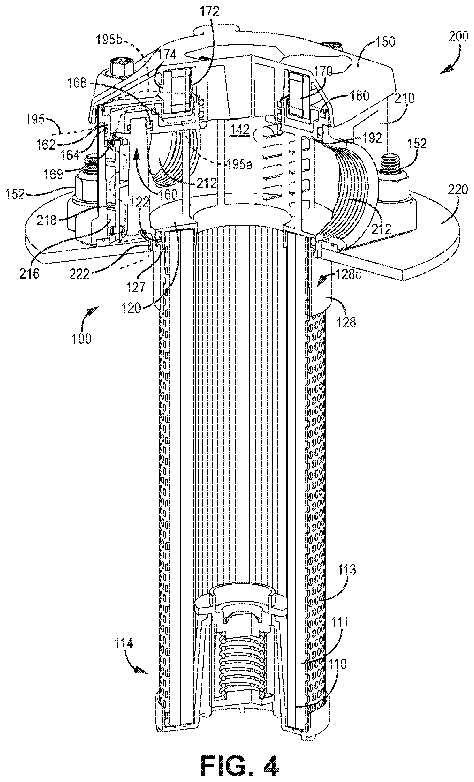 Patent US12318715 Figure 4 – Filter element endcap with shroud