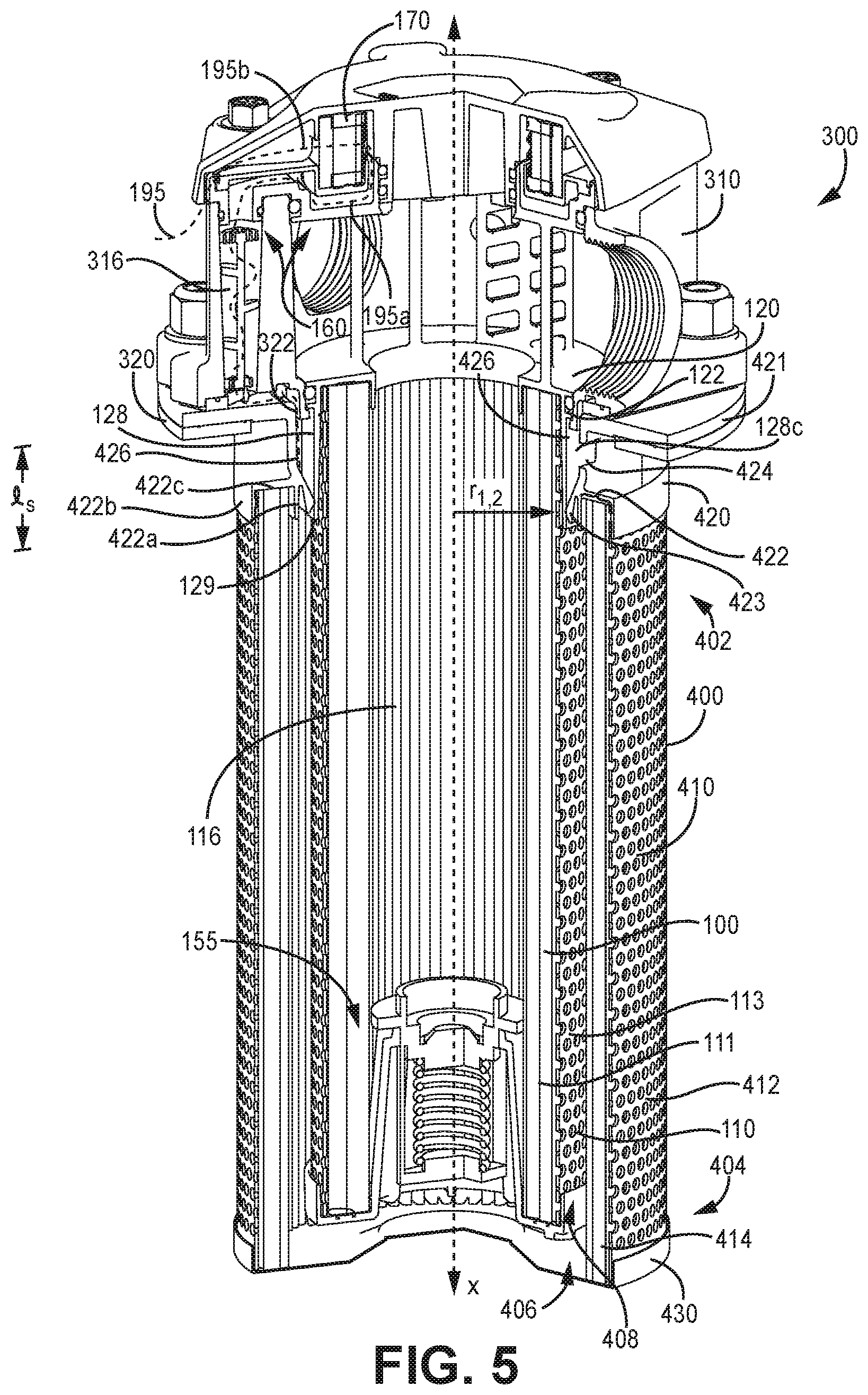 Patent US12318715 Figure 5 – Filter element endcap with shroud