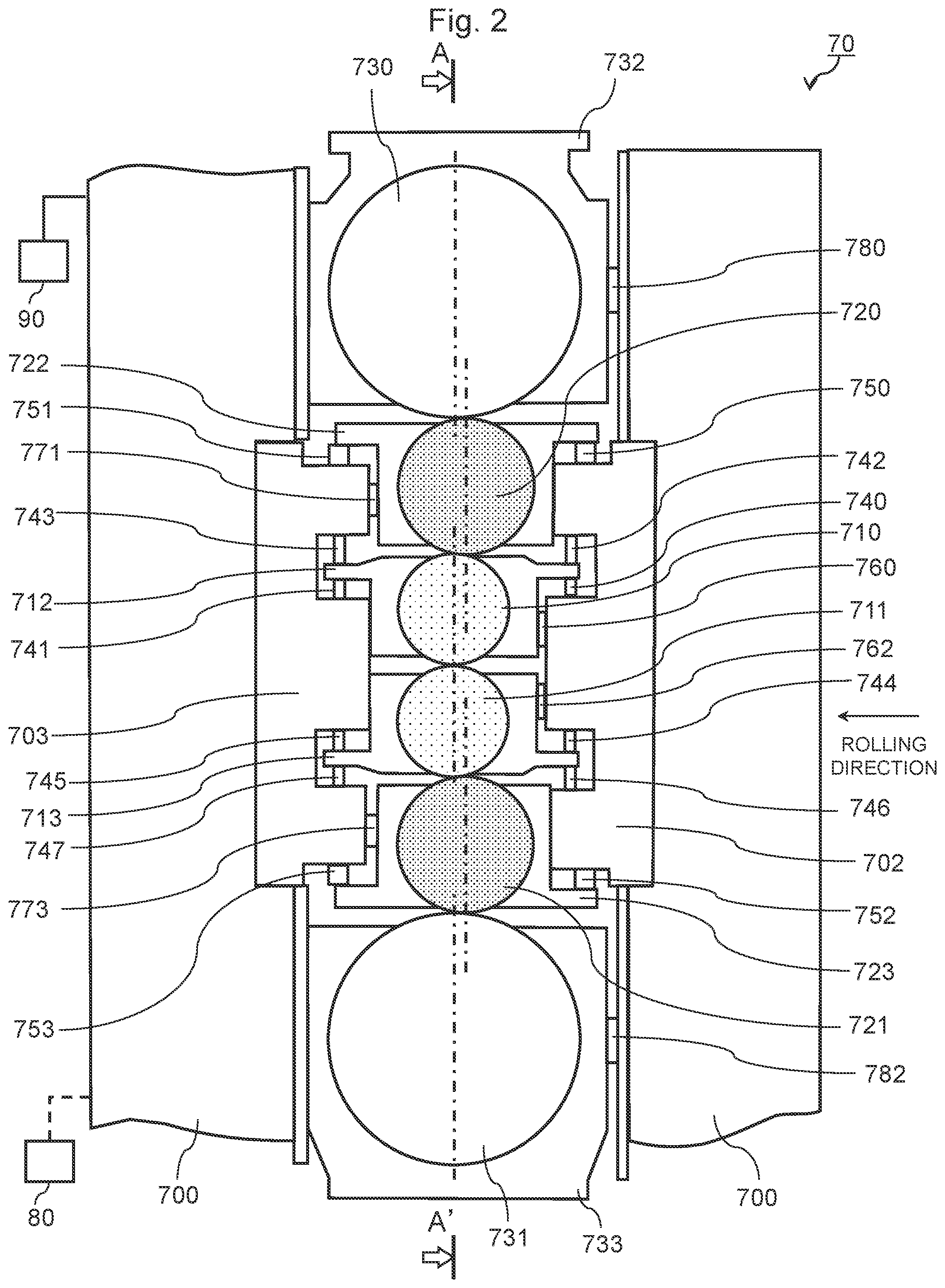 Patent US12318827 Figure 2 – Rolling mill, rolling mill control method, and thrust force supporting method in rolling mill