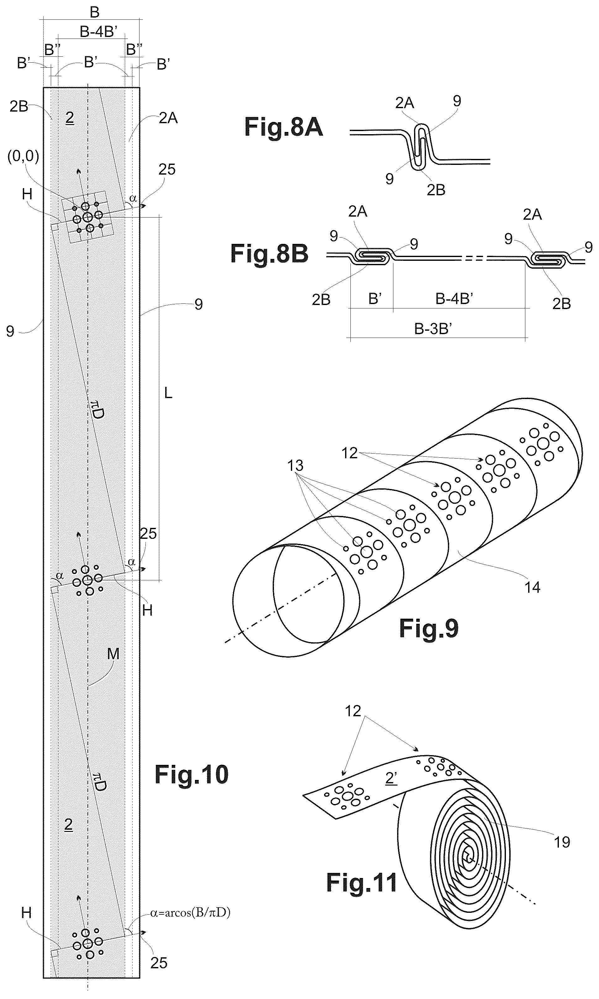 Patent US12318829 Figure 4 – Air conduit spirally wound and provided with a plurality of holes, related manufacturing machine and method and related strip