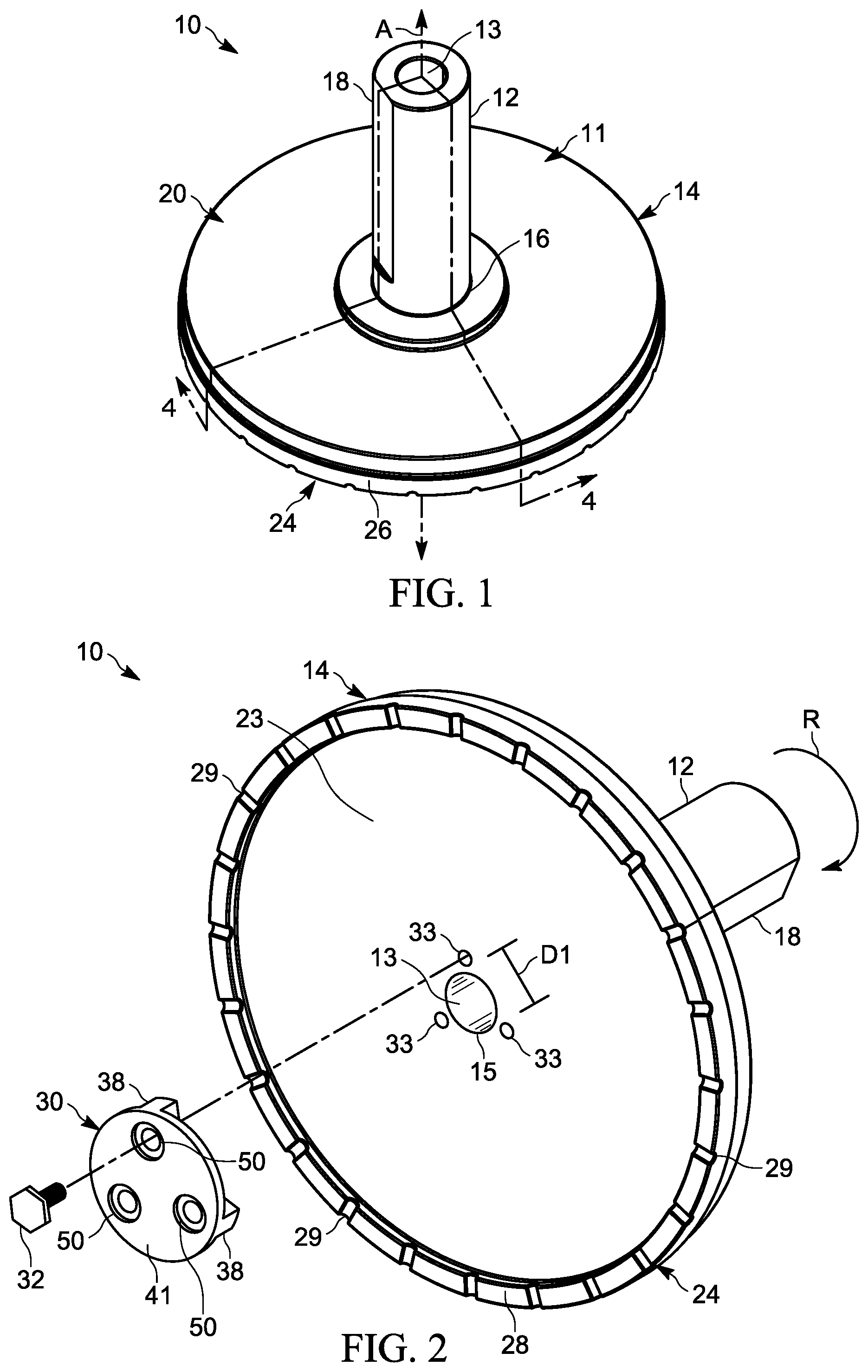 Patent US12318889 Figure 1 – Radial grinding wheel for machining center having impeller for directing through-spindle coolant to the work surface of the tool
