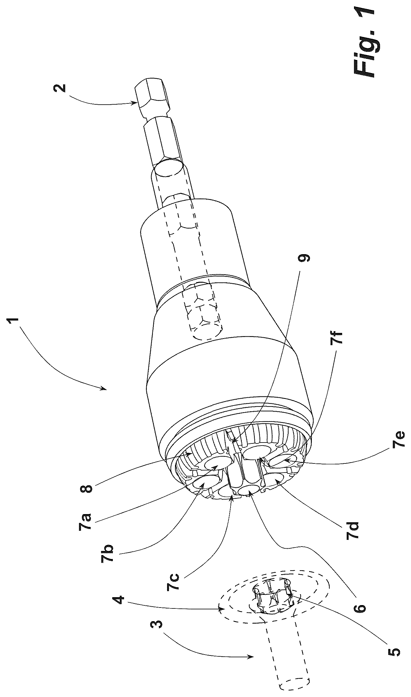 Patent US12318893 Figure 1 – Bit holder for holding and screwing a screw with a screw head in a mounting base