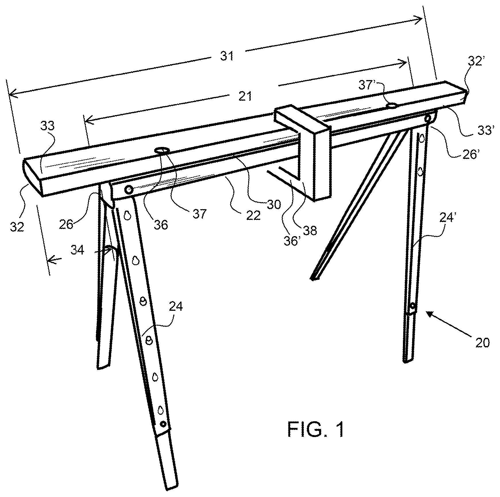 Patent US12318908 Figure 1 – Sawhorse extension rack system