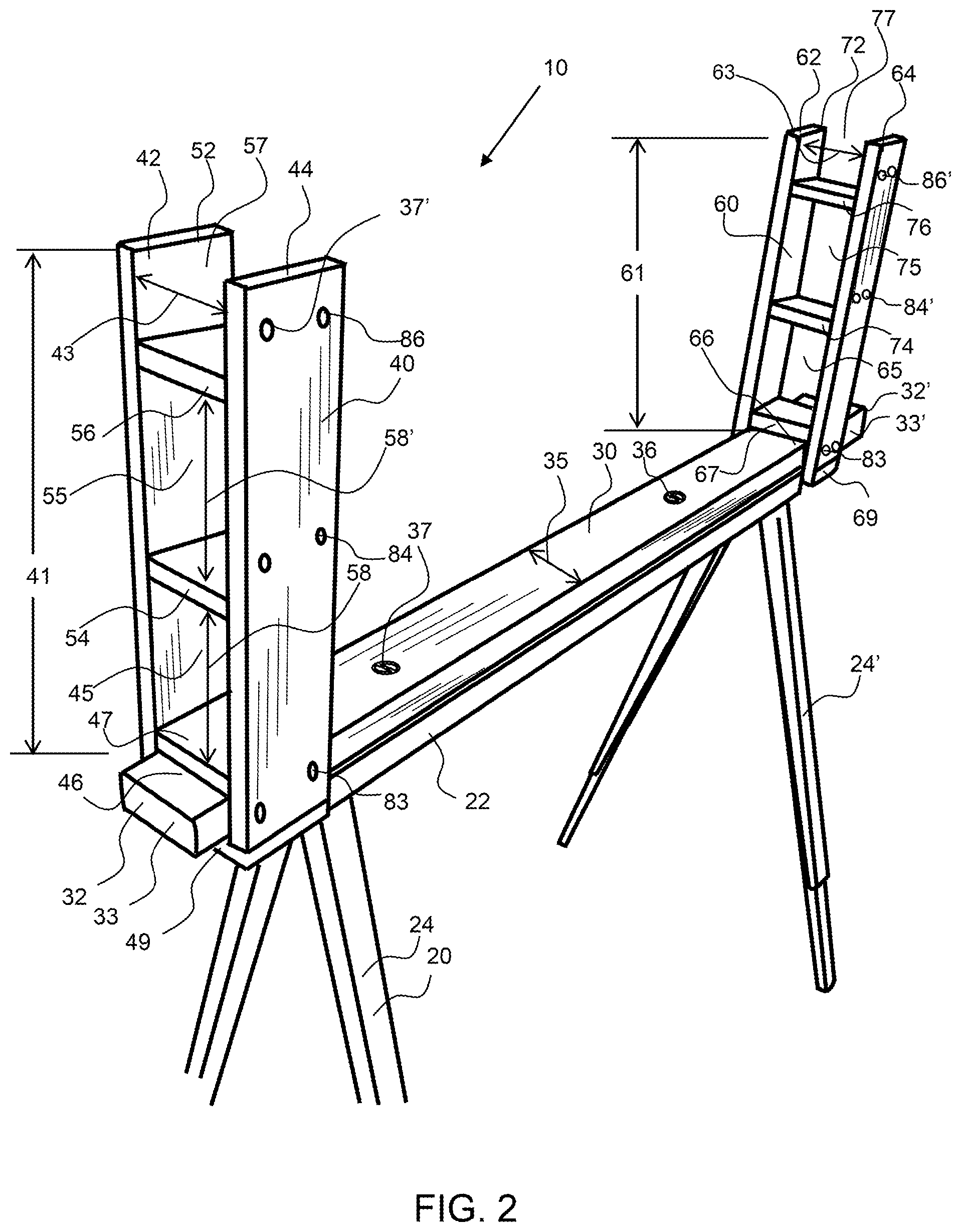 Patent US12318908 Figure 2 – Sawhorse extension rack system