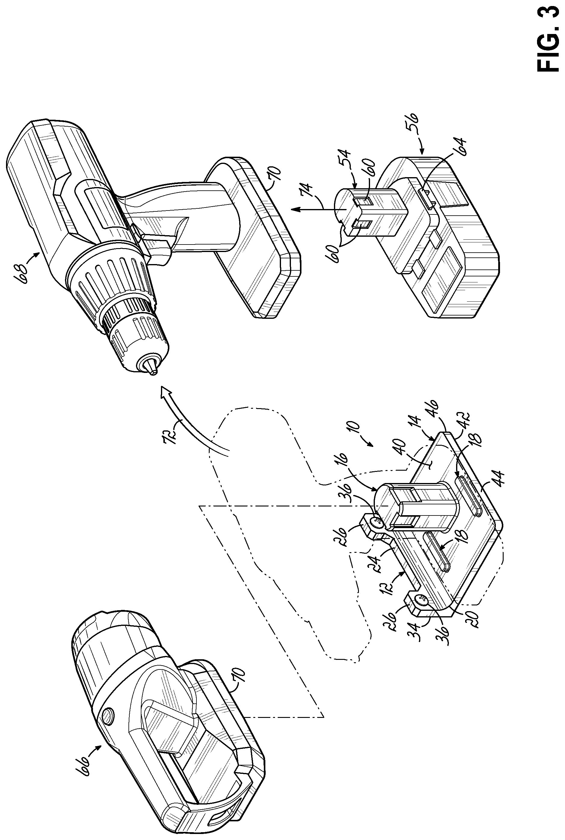 Patent US12318909 Figure 2 – Power tool and battery support racks and methods of manufacturing