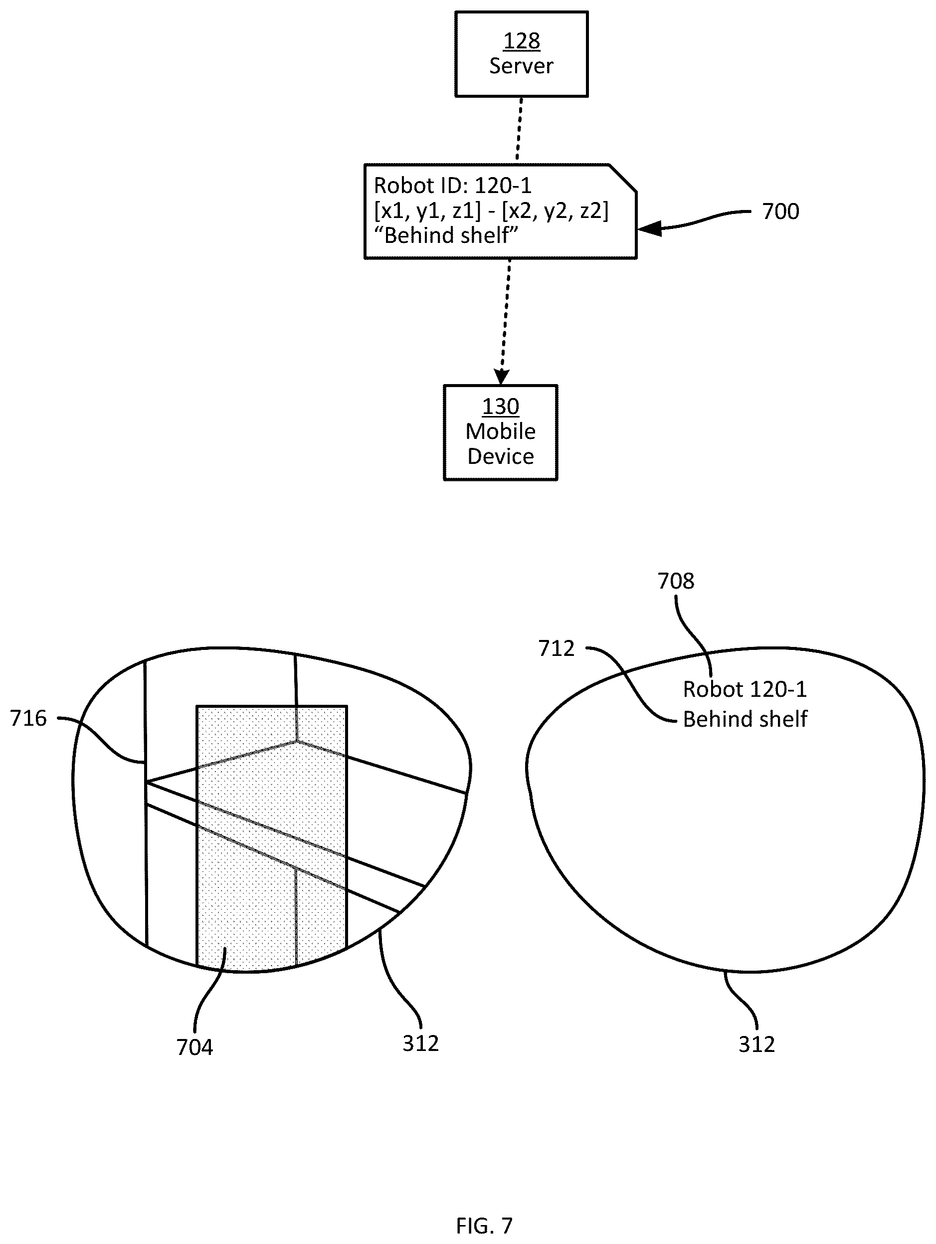 Patent US12318915 Figure 7 – Visual guidance for locating obstructed mobile robots